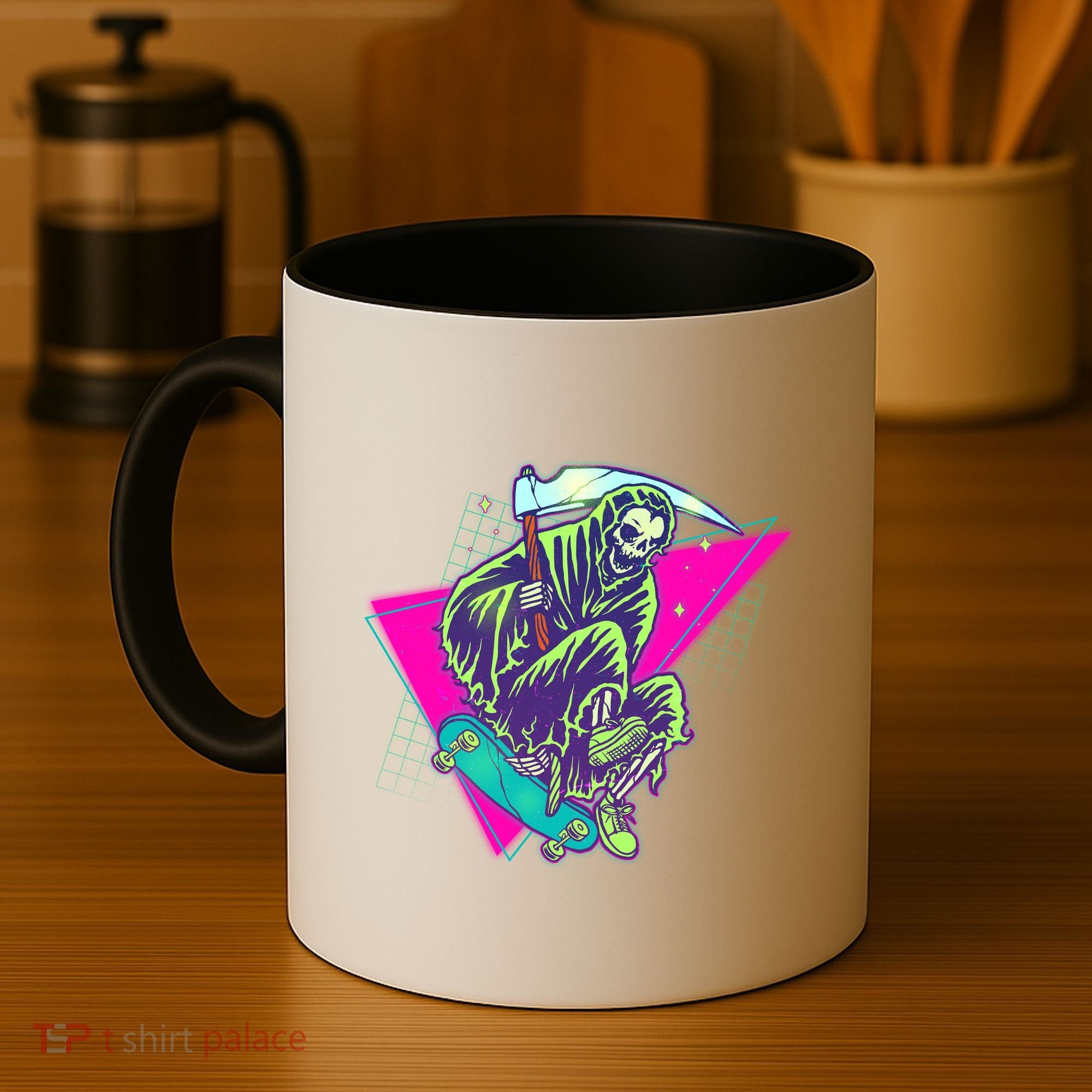 Halloween Retro 80's Skateboarding Grim Reaper Coffee Mug
