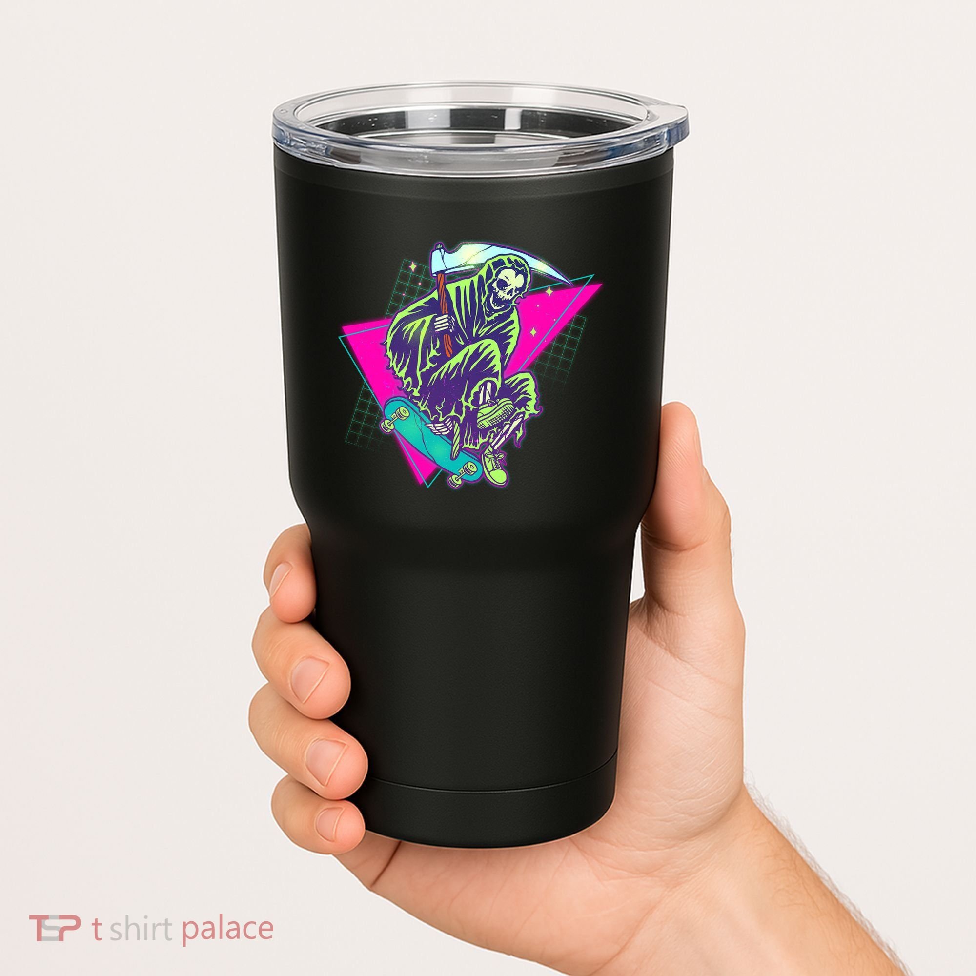 Halloween Retro 80's Skateboarding Grim Reaper Tumbler