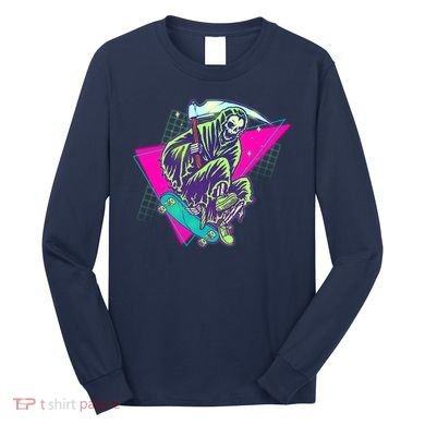 Halloween Retro 80's Skateboarding Grim Reaper Long Sleeve Shirt