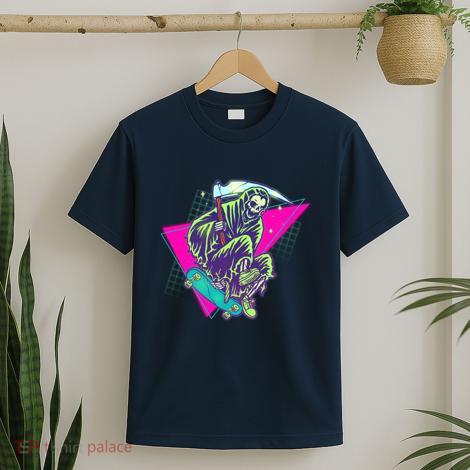 Halloween Retro 80's Skateboarding Grim Reaper T-Shirt