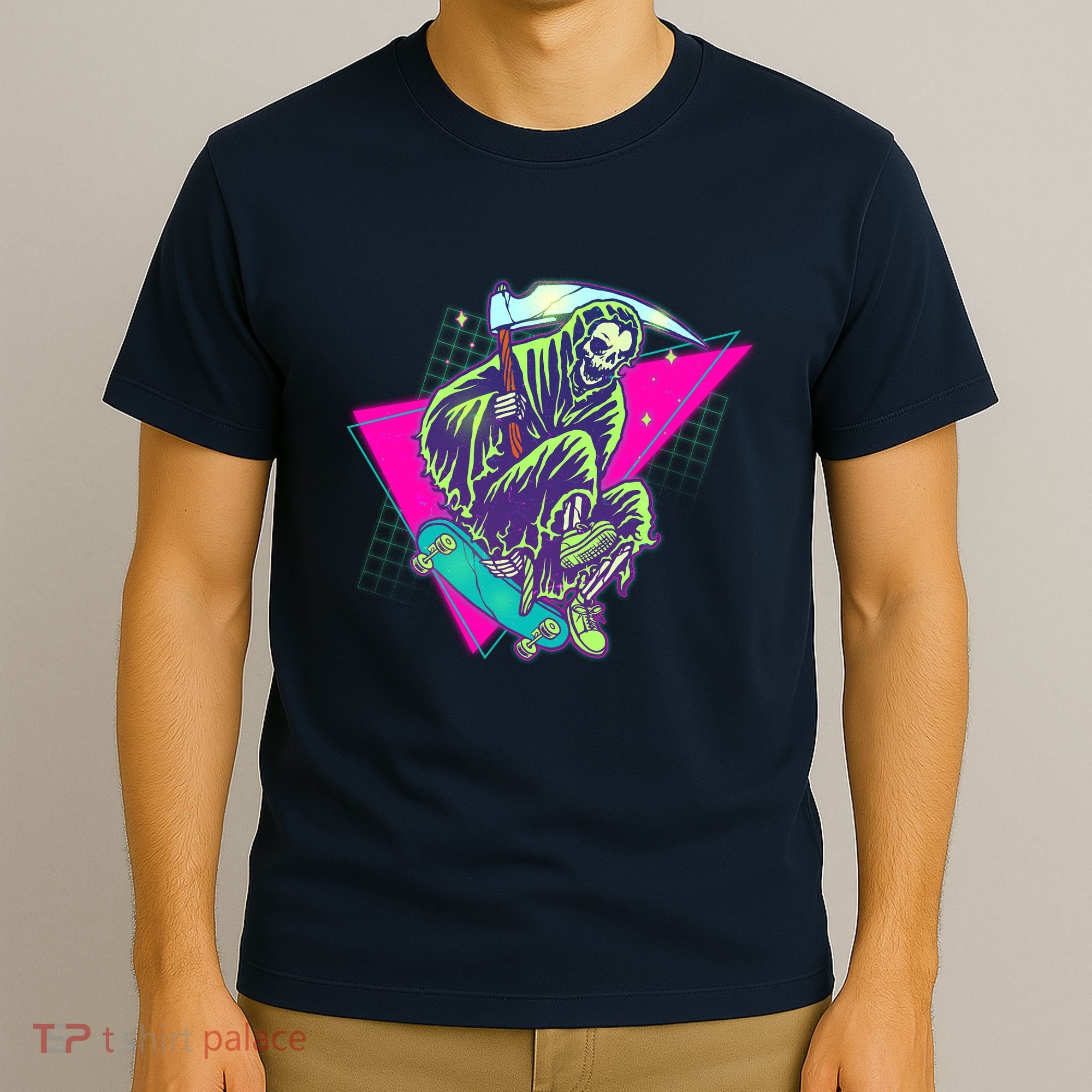 Halloween Retro 80's Skateboarding Grim Reaper T-Shirt