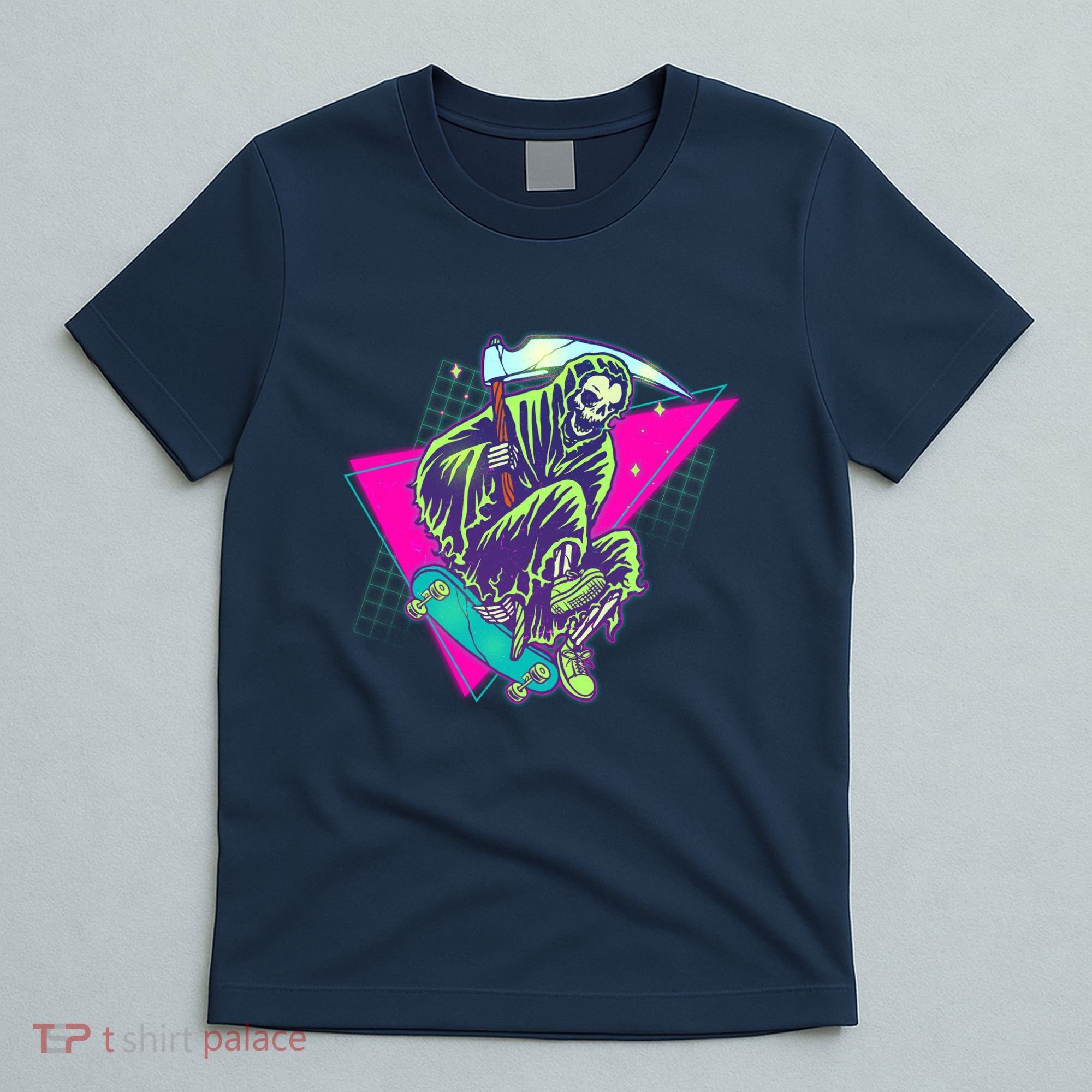 Halloween Retro 80's Skateboarding Grim Reaper T-Shirt