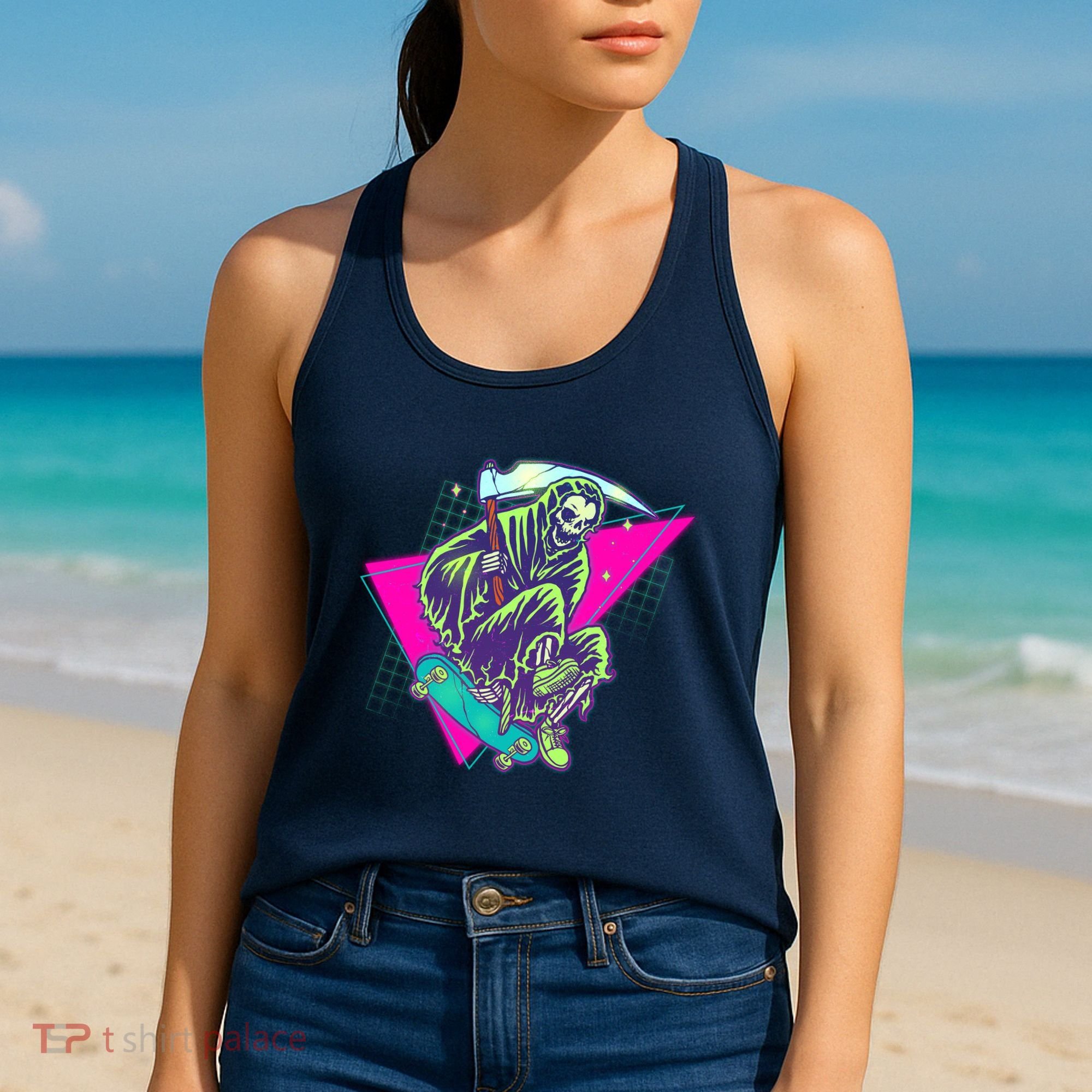 Halloween Retro 80's Skateboarding Grim Reaper Women's Tank Top