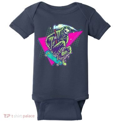 Halloween Retro 80's Skateboarding Grim Reaper Baby Bodysuit