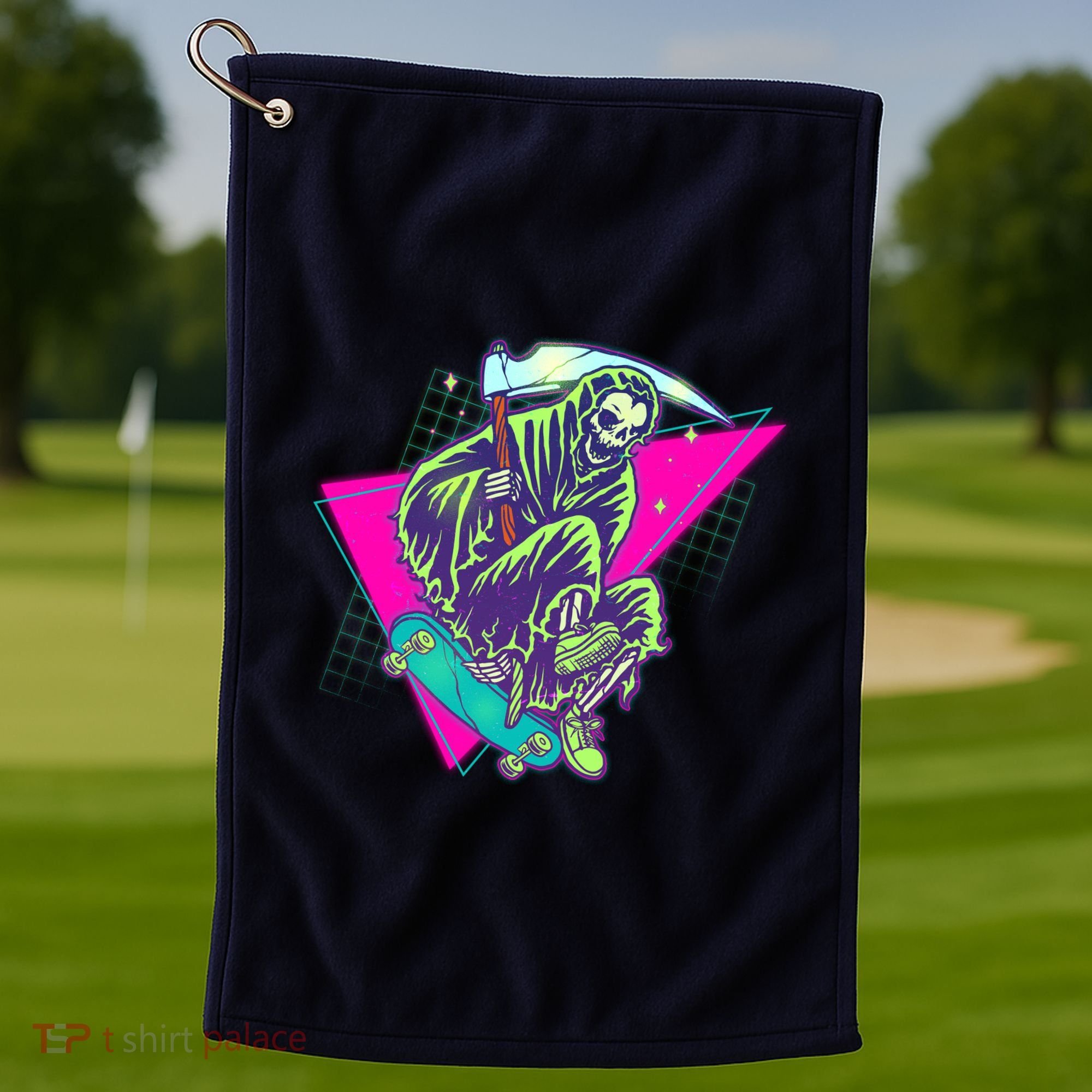 Halloween Retro 80's Skateboarding Grim Reaper Golf Towel