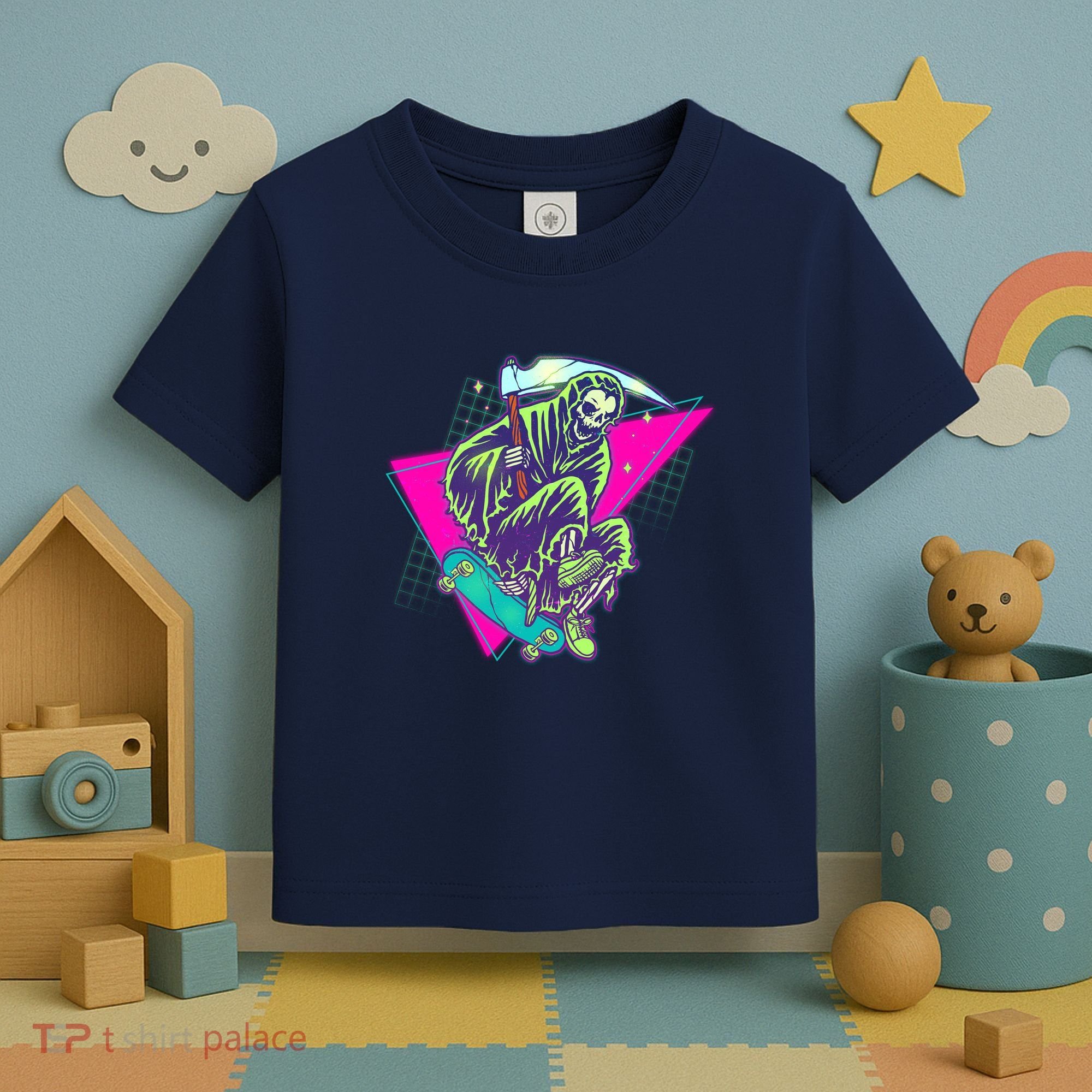 Halloween Retro 80's Skateboarding Grim Reaper Toddler T-Shirt