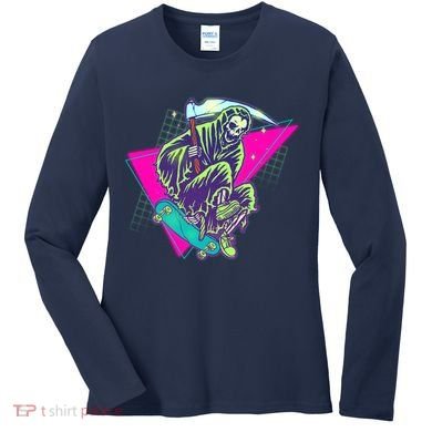 Halloween Retro 80's Skateboarding Grim Reaper Women's Long Sleeve Shirt