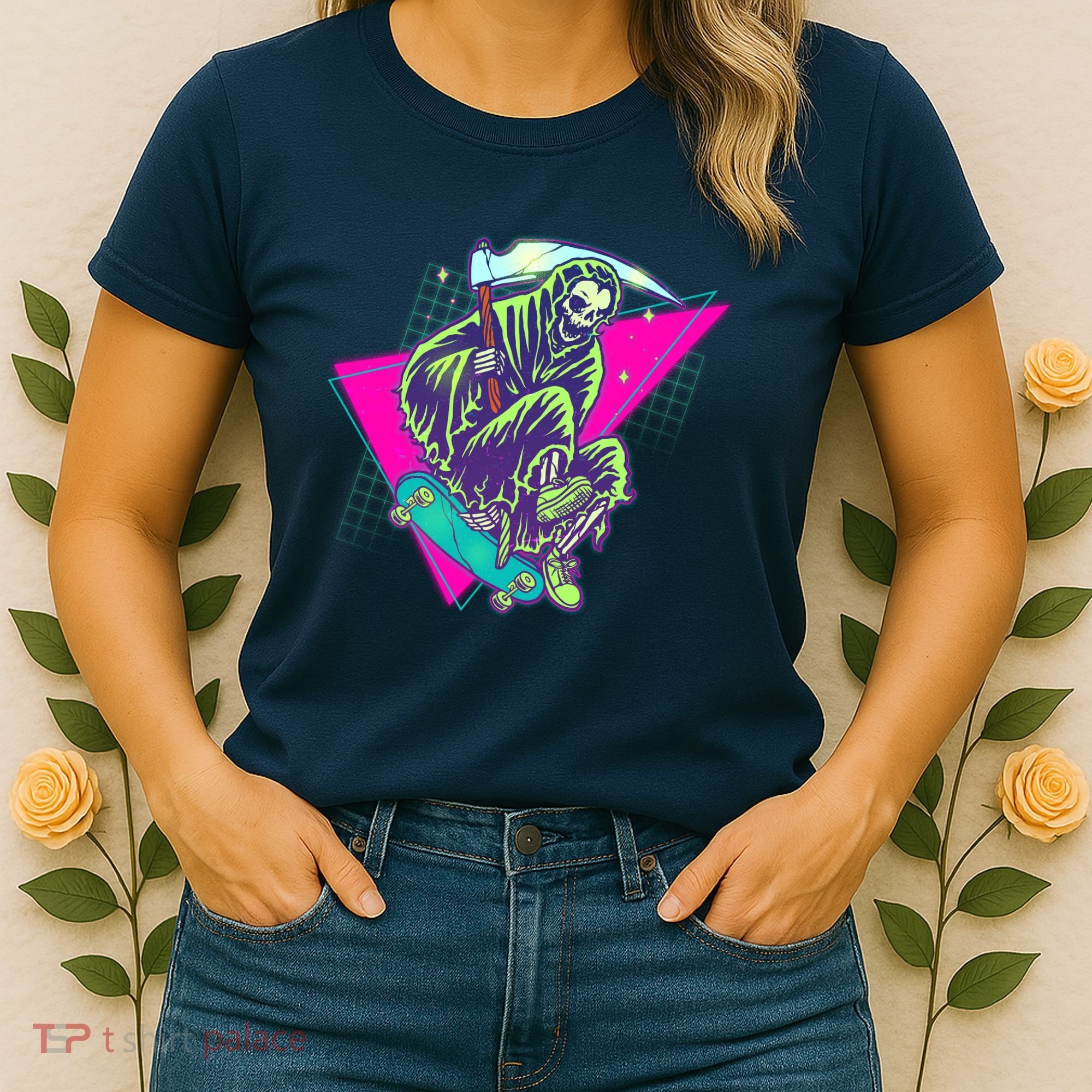 Halloween Retro 80's Skateboarding Grim Reaper Women's T-Shirt