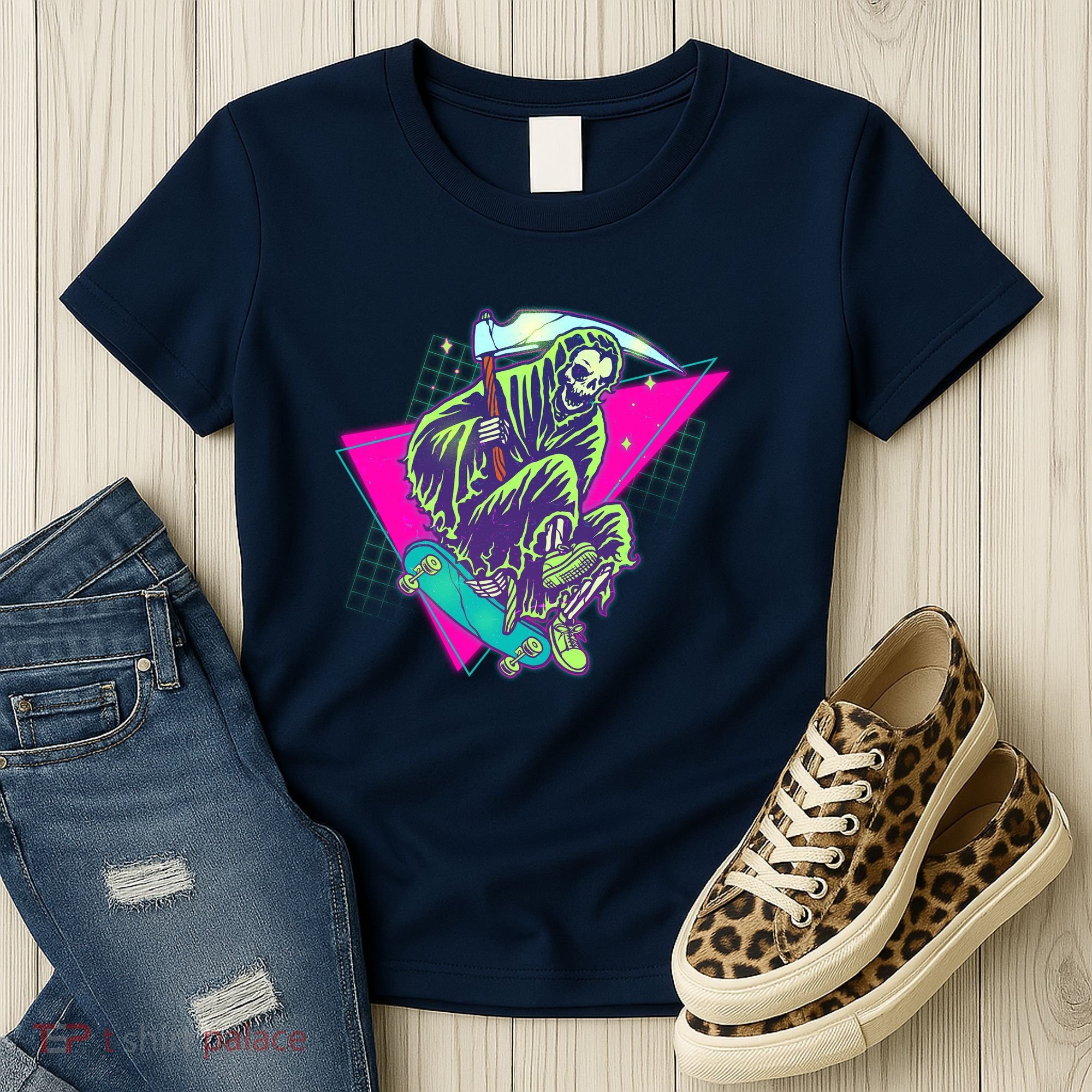 Halloween Retro 80's Skateboarding Grim Reaper Women's T-Shirt