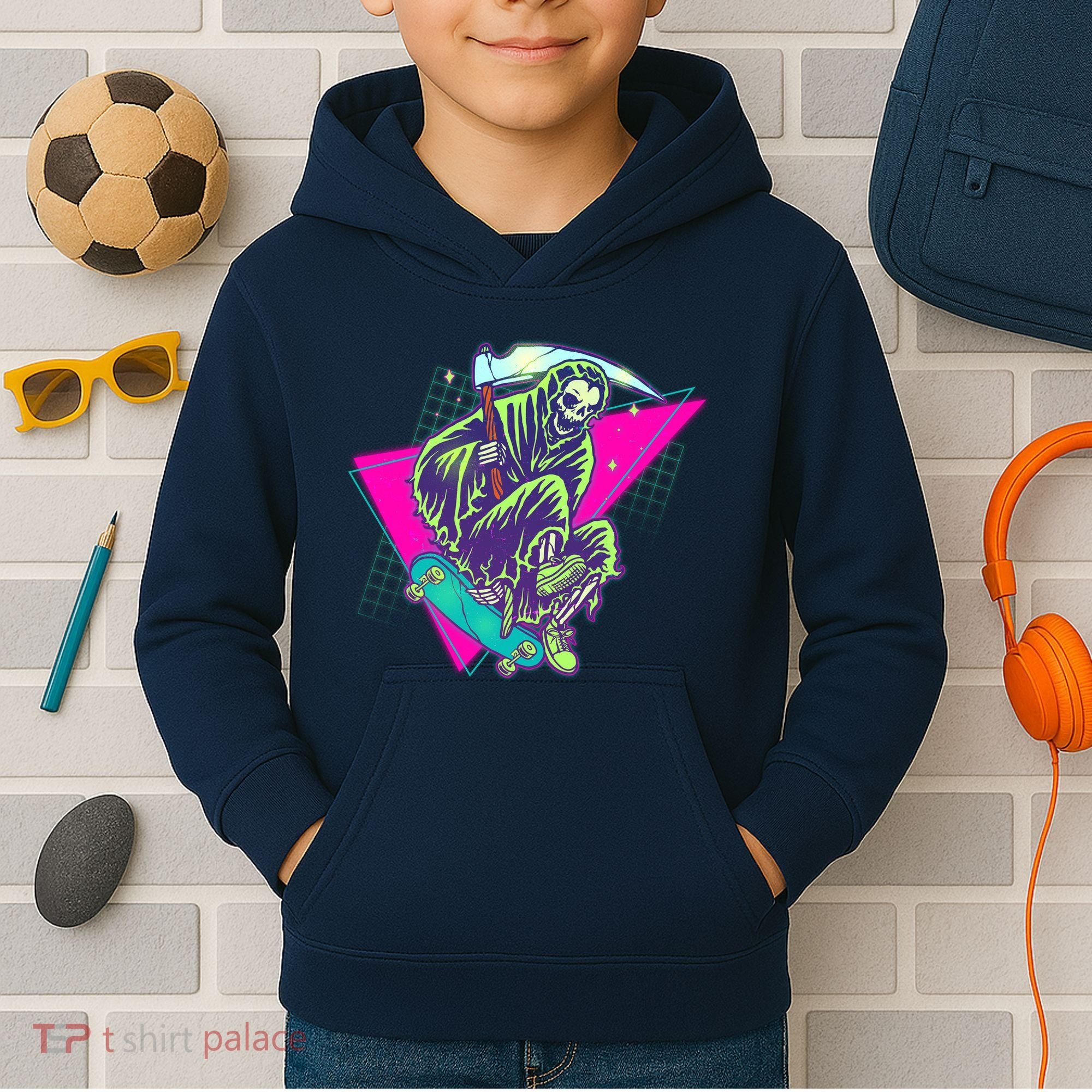 Halloween Retro 80's Skateboarding Grim Reaper Kids Hoodie