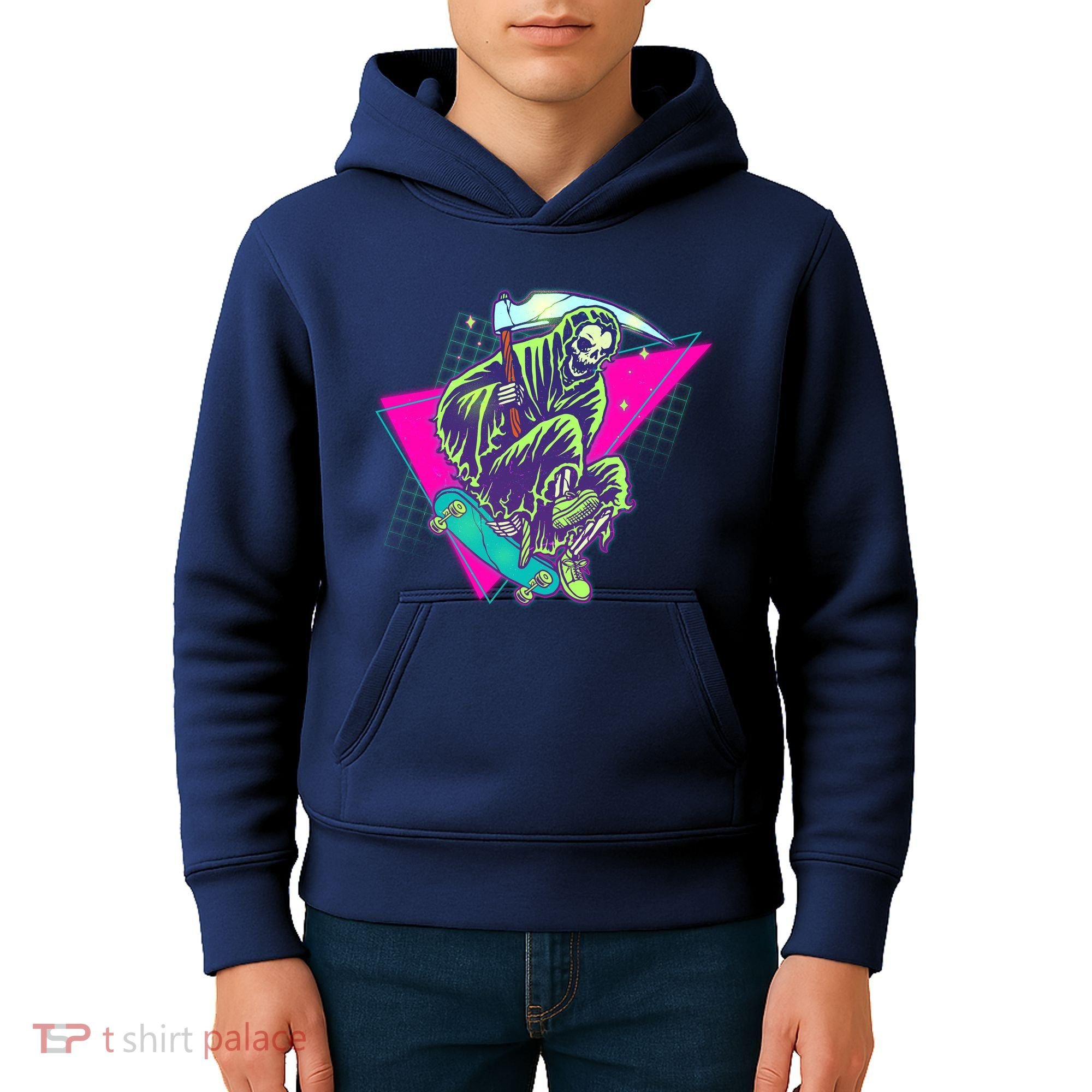 Halloween Retro 80's Skateboarding Grim Reaper Kids Hoodie