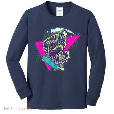 Halloween Retro 80's Skateboarding Grim Reaper Kids Long Sleeve Shirt