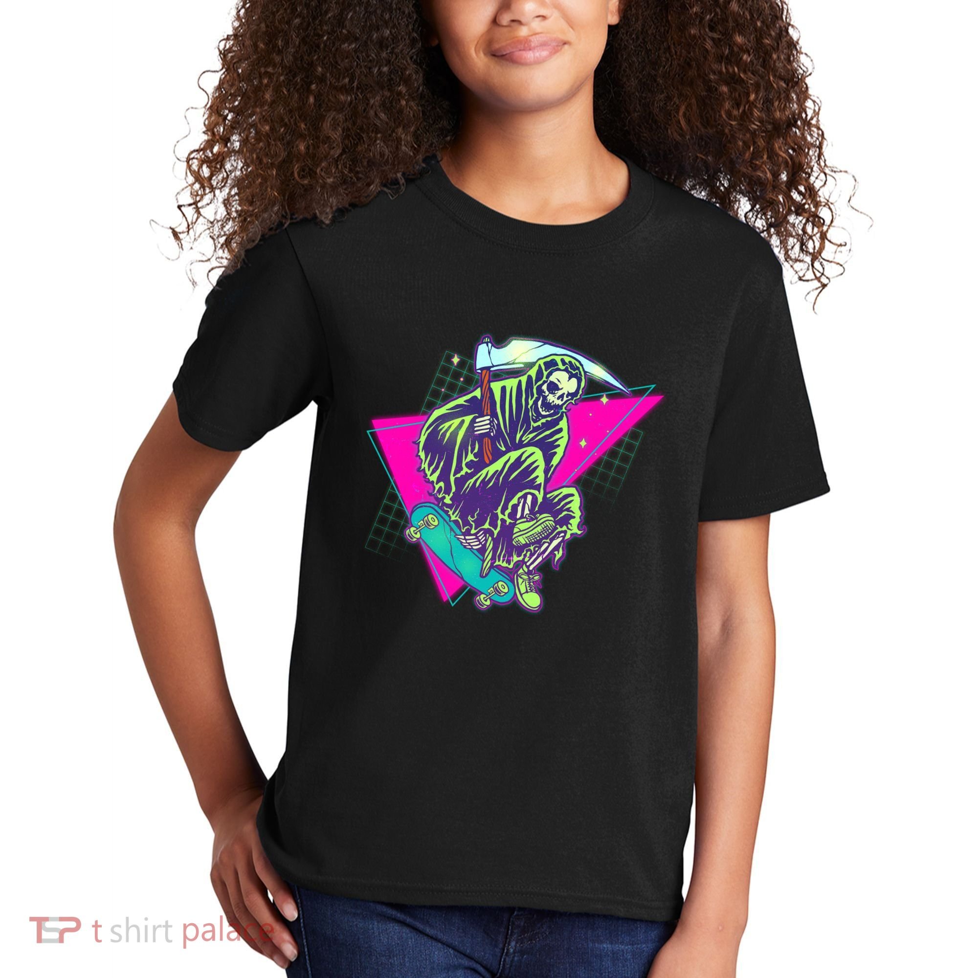 Halloween Retro 80's Skateboarding Grim Reaper Kids T-Shirt