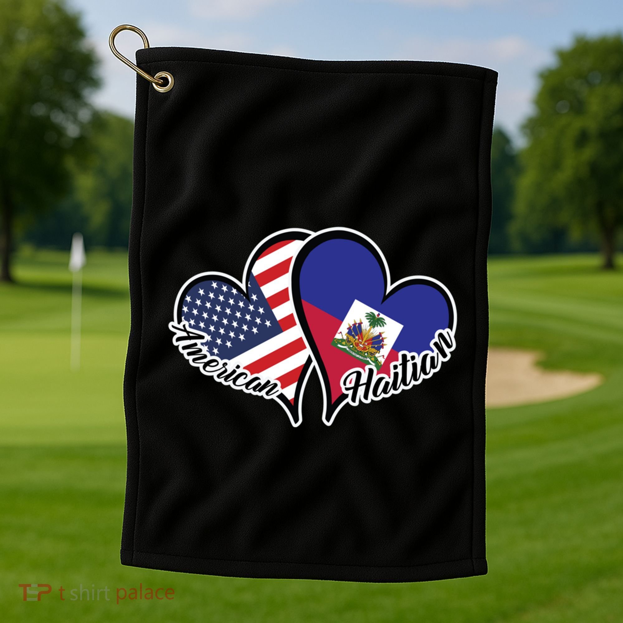 Haitian Roots American Usa Flag Heart Half Haitian Haiti Gift Golf Towel
