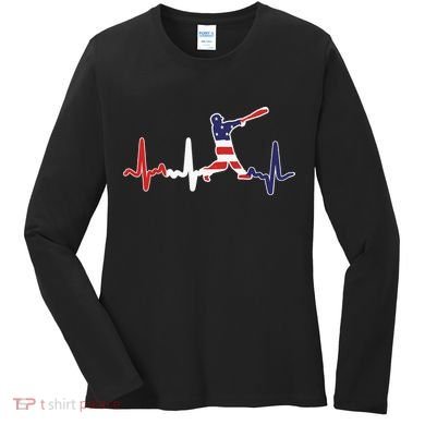 Home Run Baseball Flag Baseball Heartbeat Women's Long Sleeve Shirt