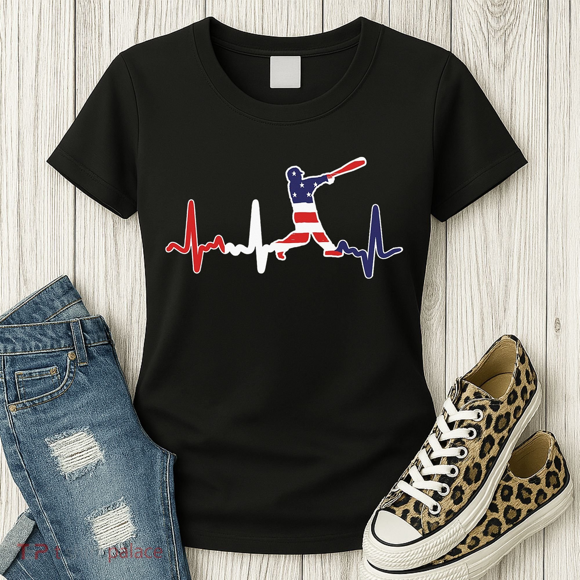 Home Run Baseball Flag Baseball Heartbeat Women's T-Shirt