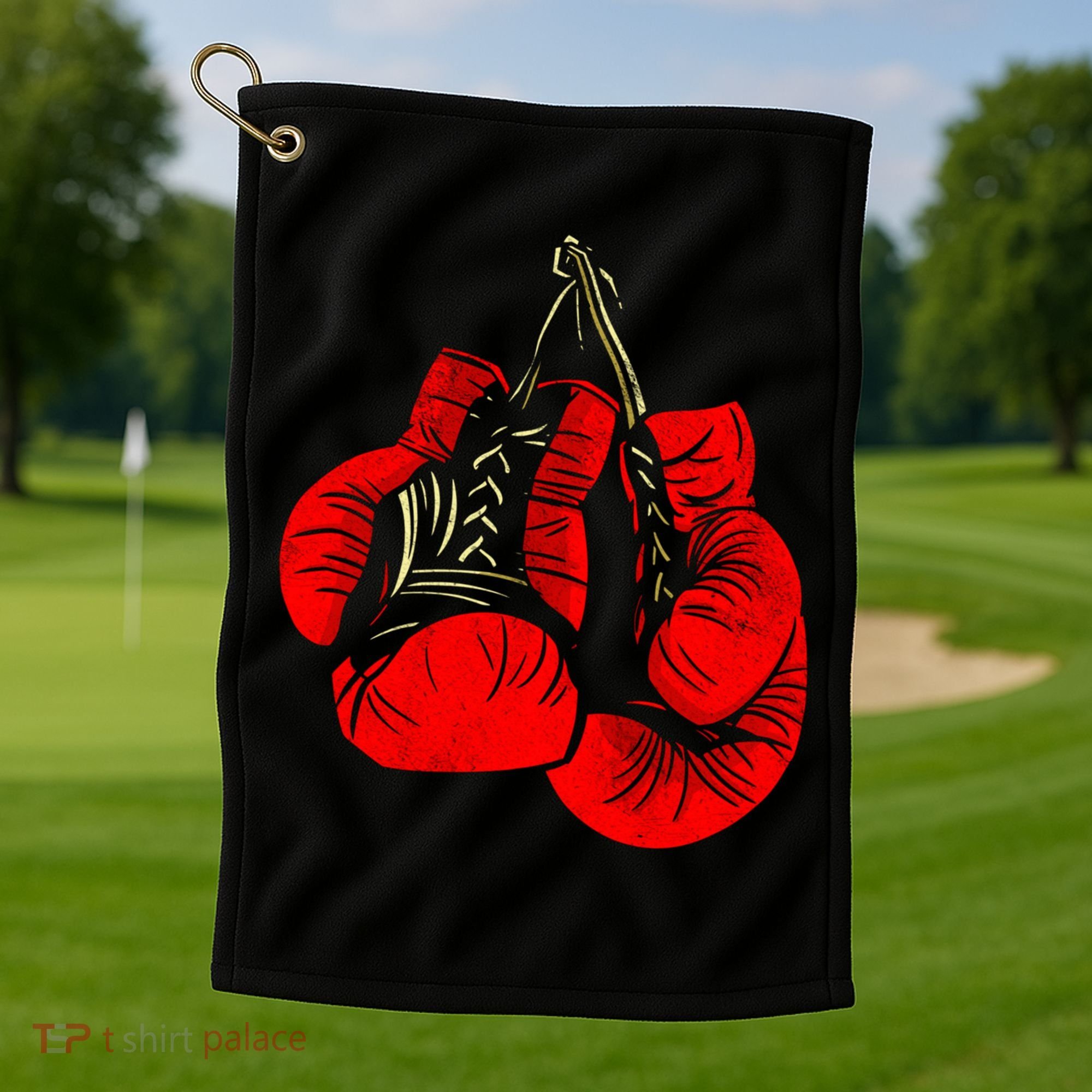 Hanging Red Boxing Gloves Graphic Cute Gift Golf Towel