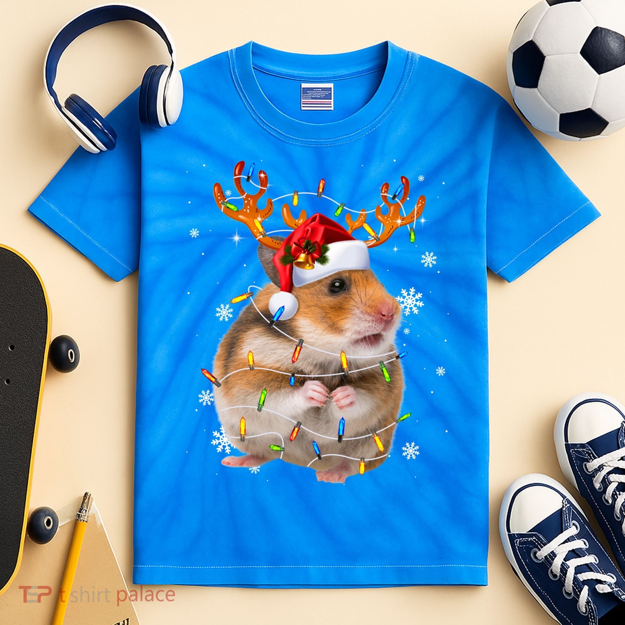 Hamster Reindeer Christmas Lights Funny Hamster Xmas Gift Kids Tie-Dye T-Shirt