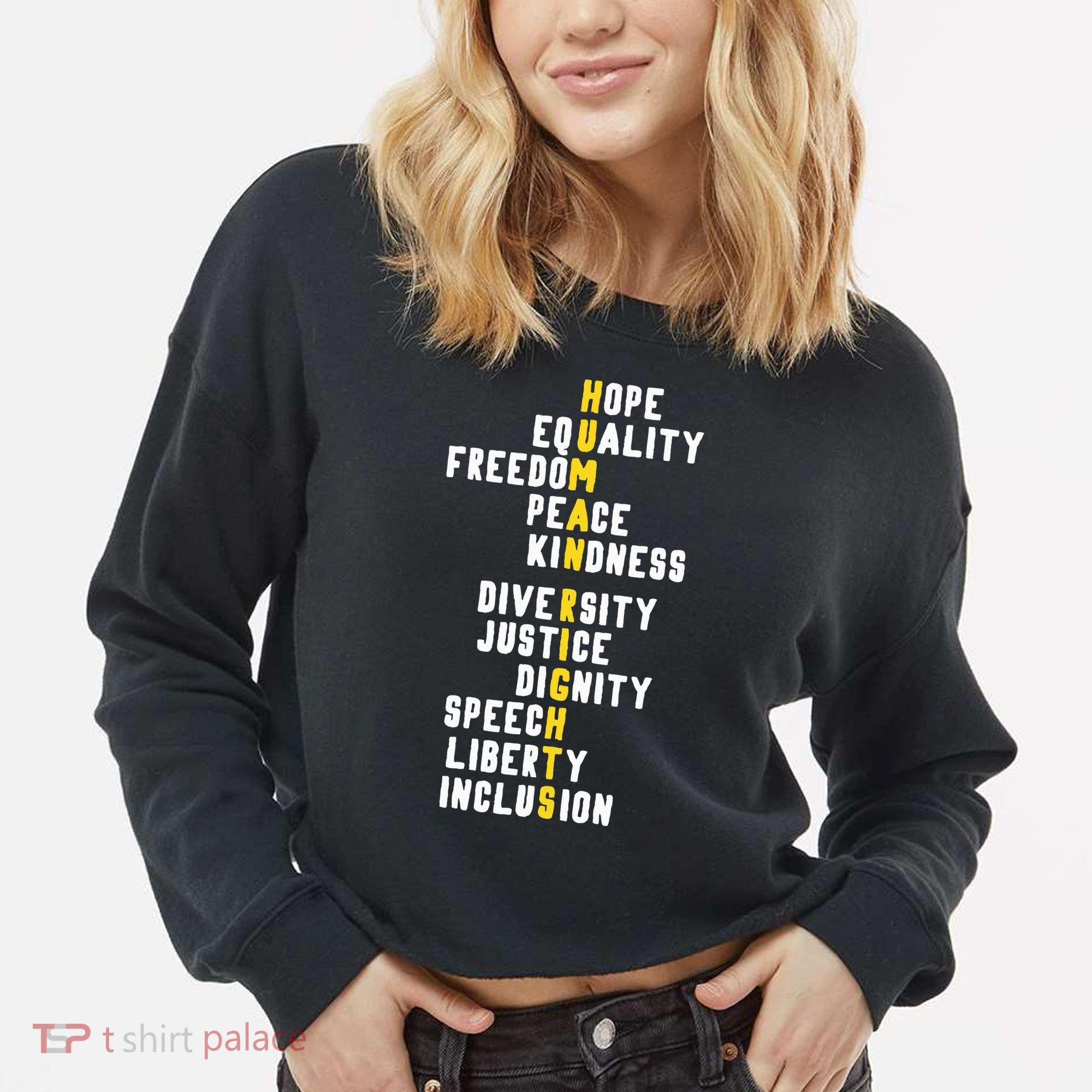 Human Rights Diversity Justice & Peace To All Cropped Pullover Crew