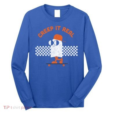 Halloween Retro Ghost On Skateboard Creep It Real Cool Gift Long Sleeve Shirt