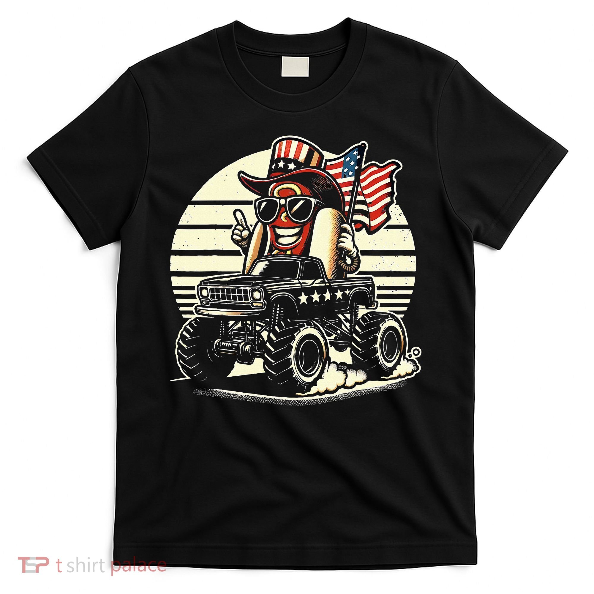 Hotdog Riding Monster Truck 4th Of July Usa Flag T-Shirt