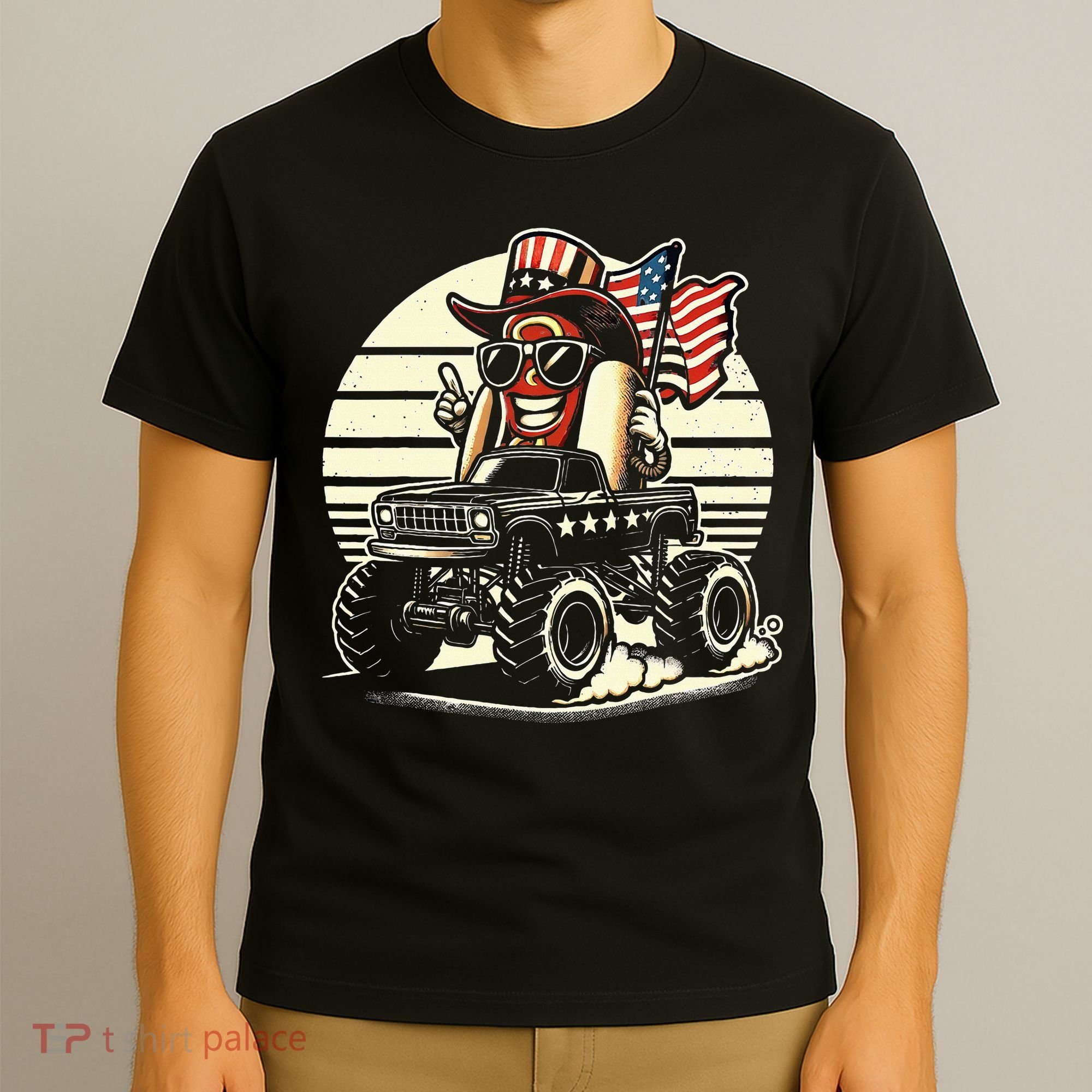 Hotdog Riding Monster Truck 4th Of July Usa Flag T-Shirt