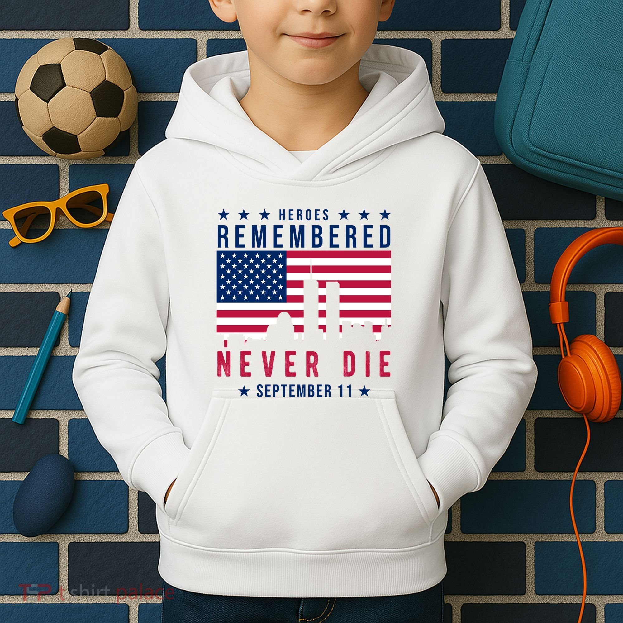 Heroes Remembered Never Die 911 American Flag Kids Hoodie