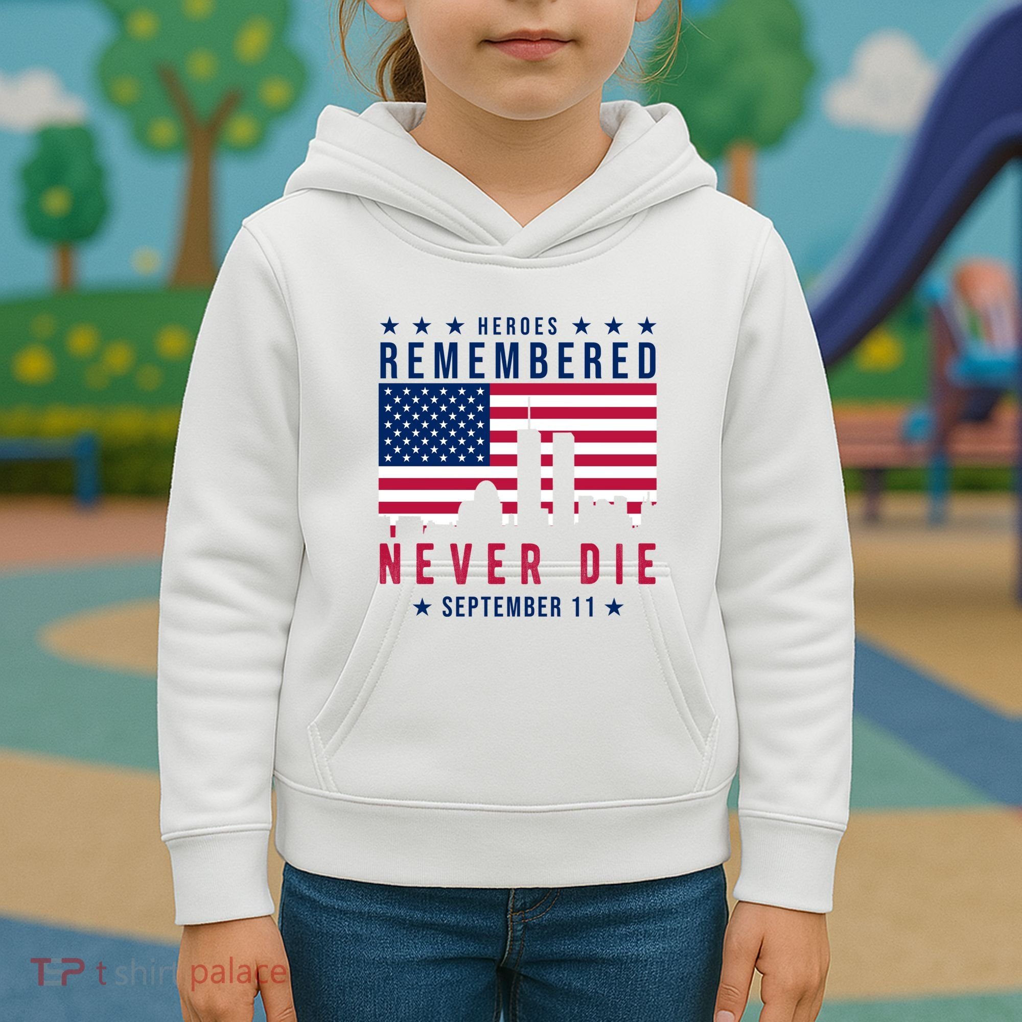 Heroes Remembered Never Die 911 American Flag Kids Hoodie