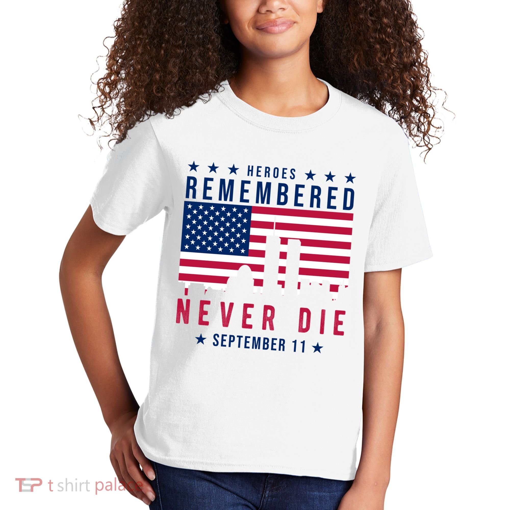 Heroes Remembered Never Die 911 American Flag Kids T-Shirt