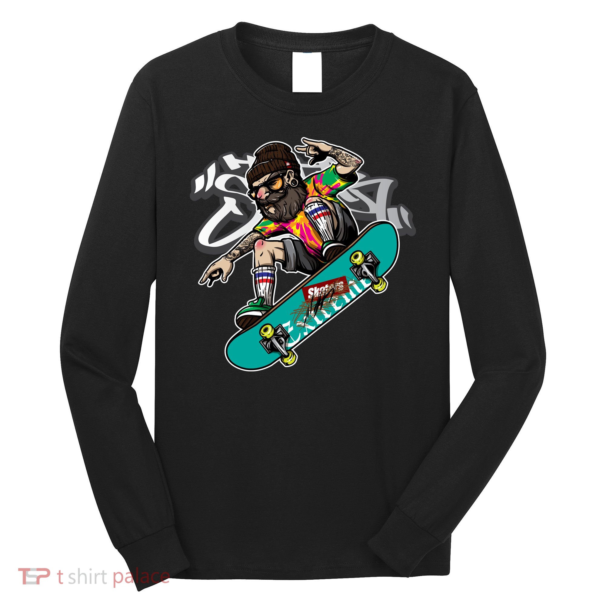 Hipster Riding Skateboard Long Sleeve Shirt
