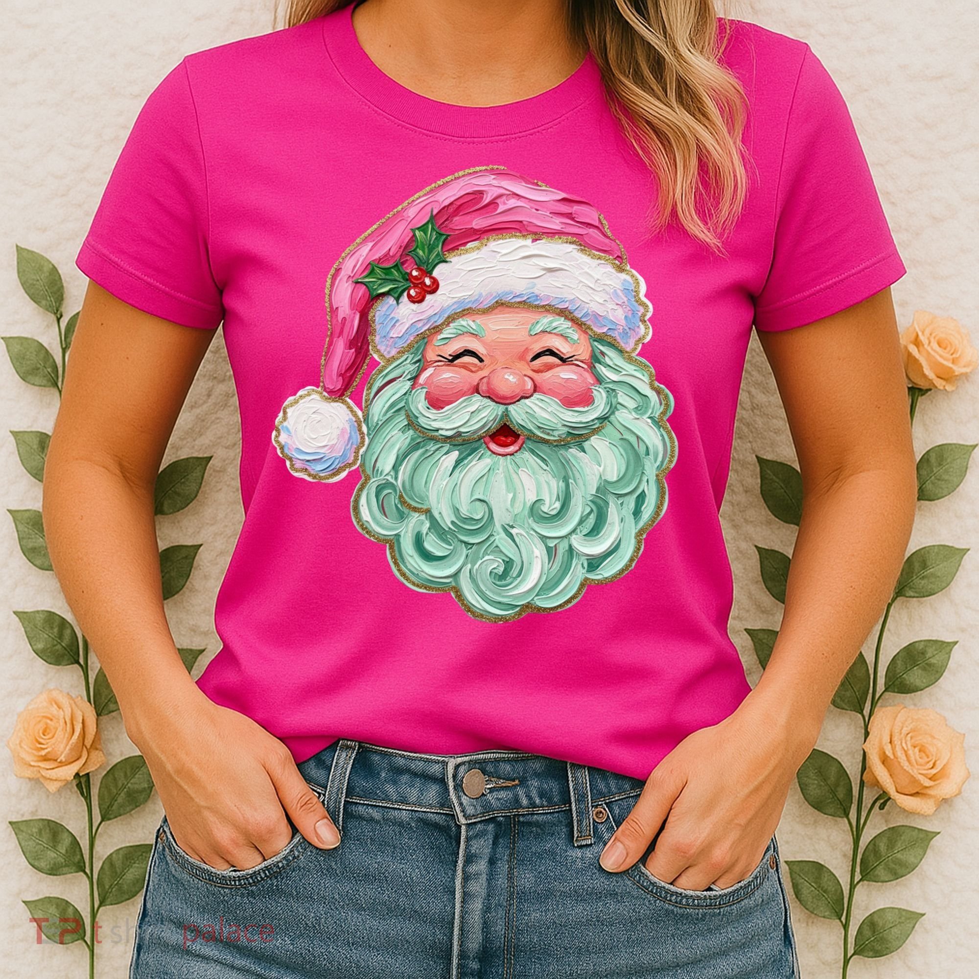 Hand-painted Retro Santa Claus Christmas Cute Women's T-Shirt
