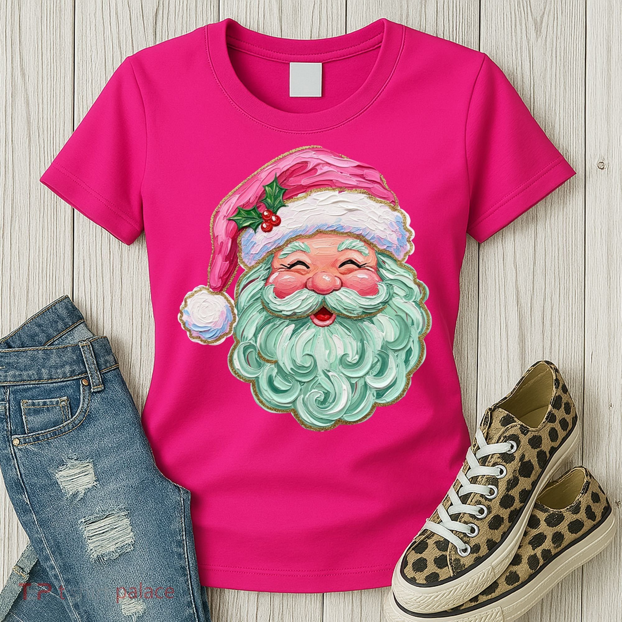 Hand-painted Retro Santa Claus Christmas Cute Women's T-Shirt