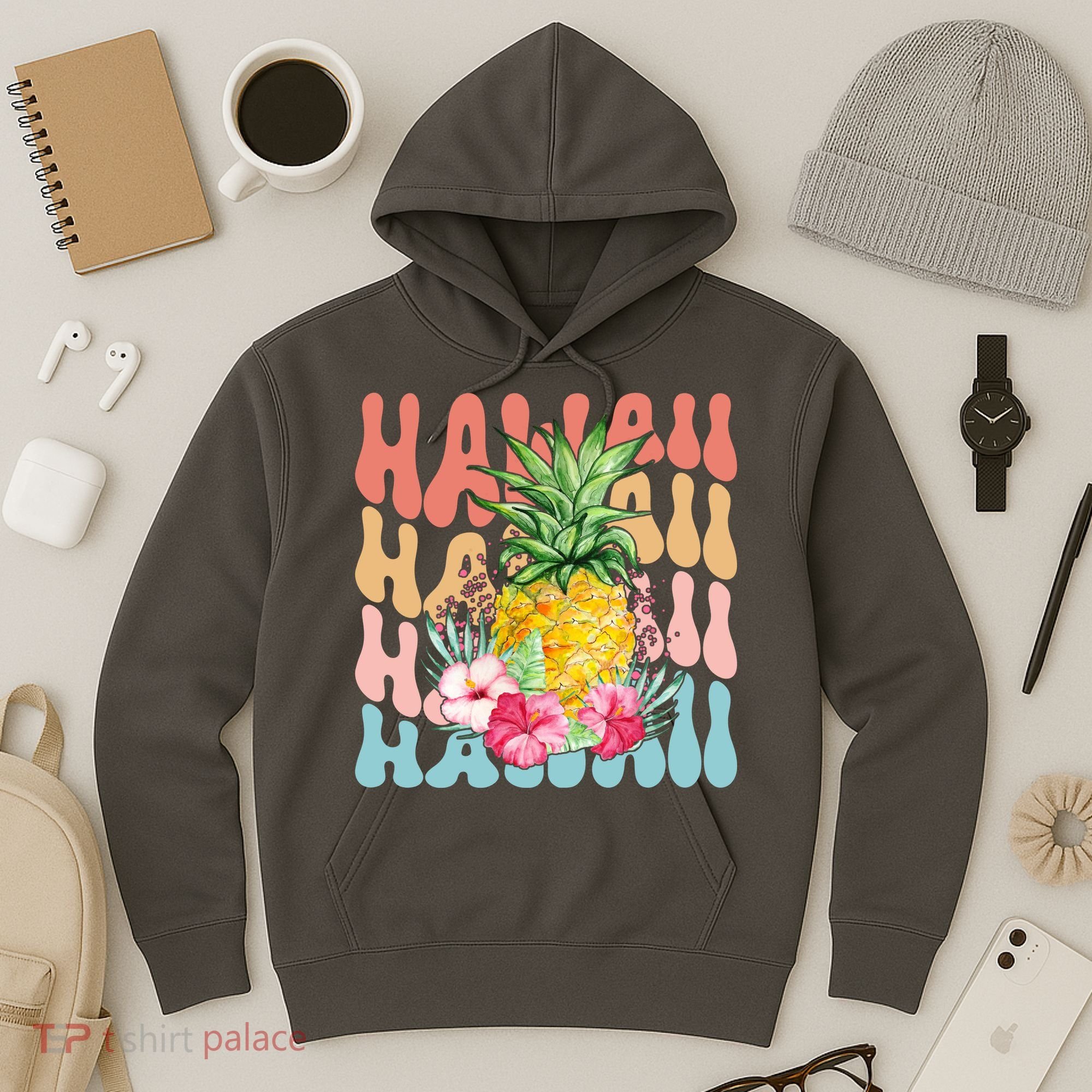 Hawaii Retro Tropical Pineapple Floral Hoodie