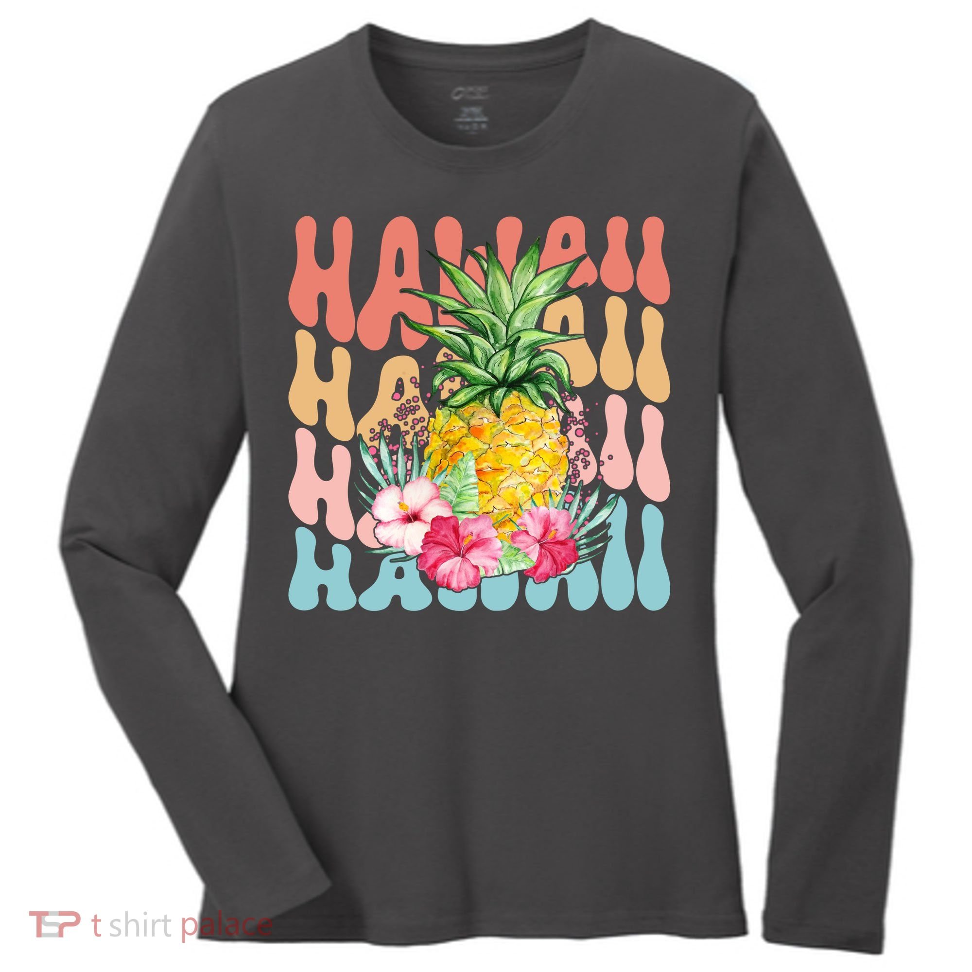Hawaii Retro Tropical Pineapple Floral Women's Long Sleeve Shirt