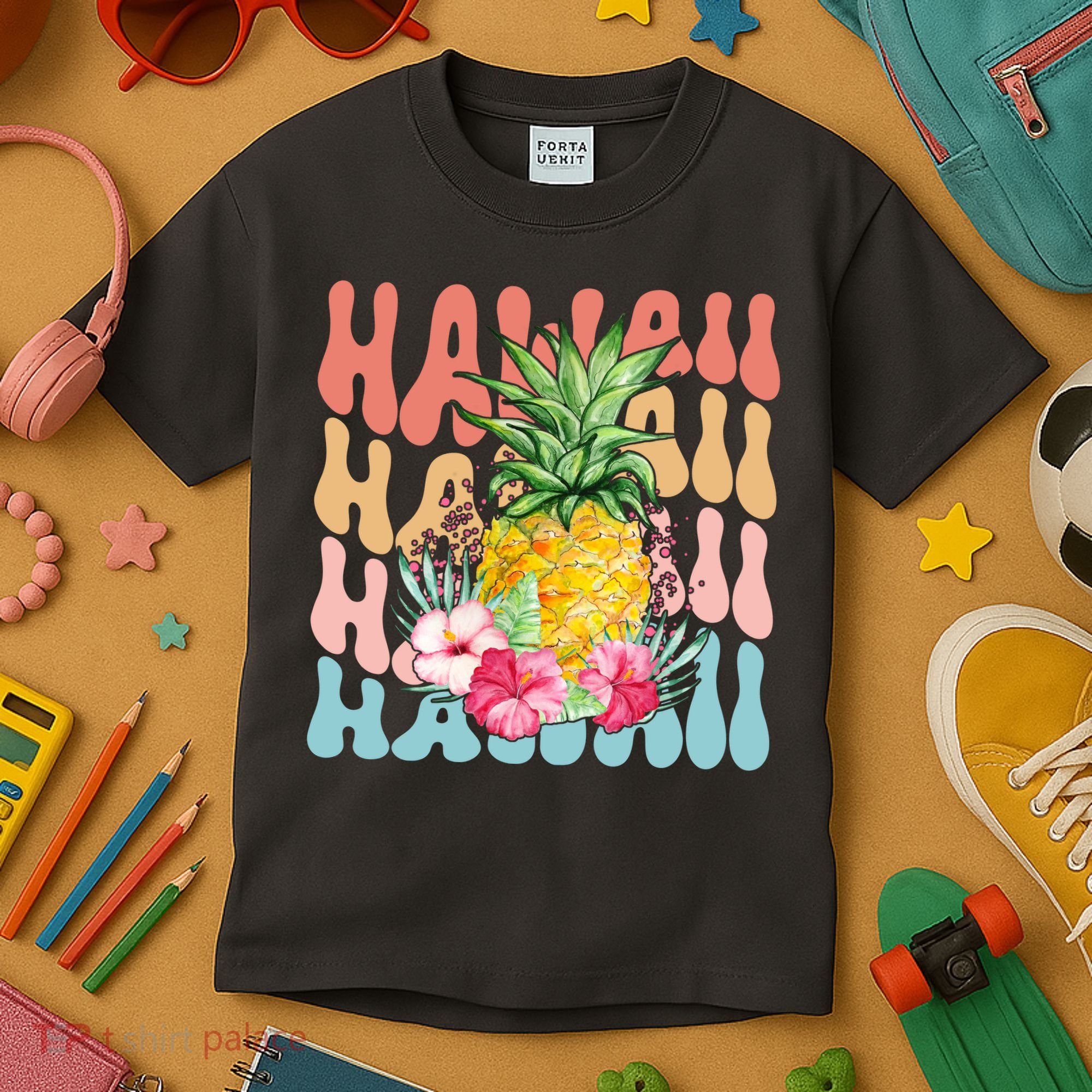 Hawaii Retro Tropical Pineapple Floral Kids T-Shirt