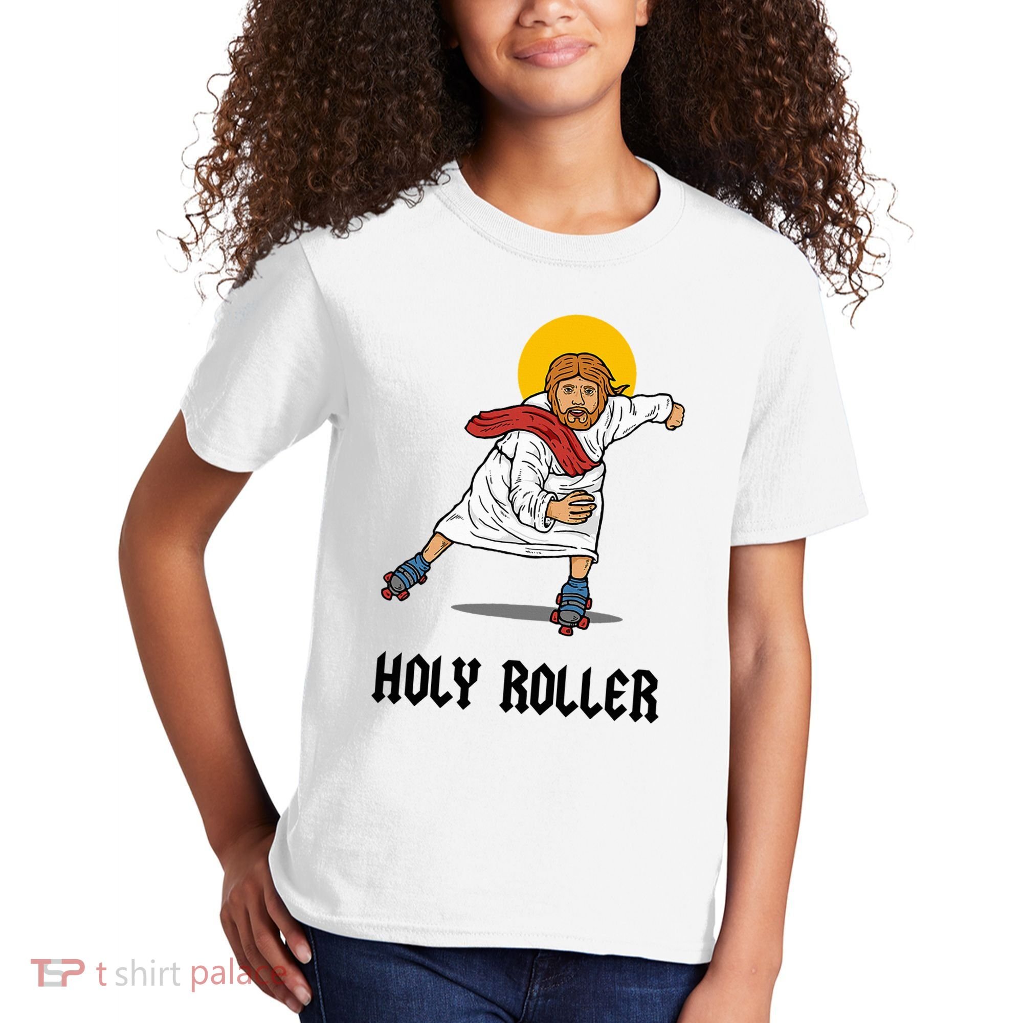 Holy Roller T Jesus Roller Skates Skating Kids T-Shirt