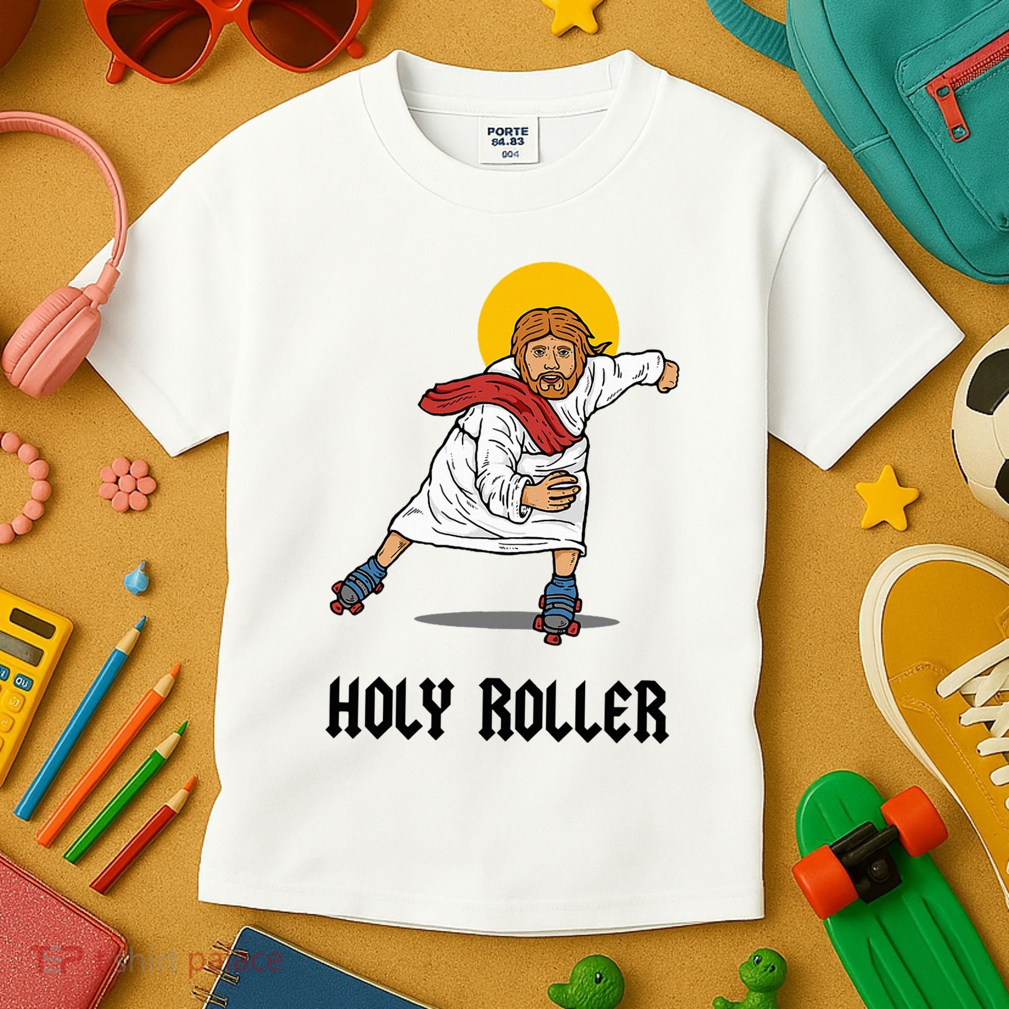 Holy Roller T Jesus Roller Skates Skating Kids T-Shirt
