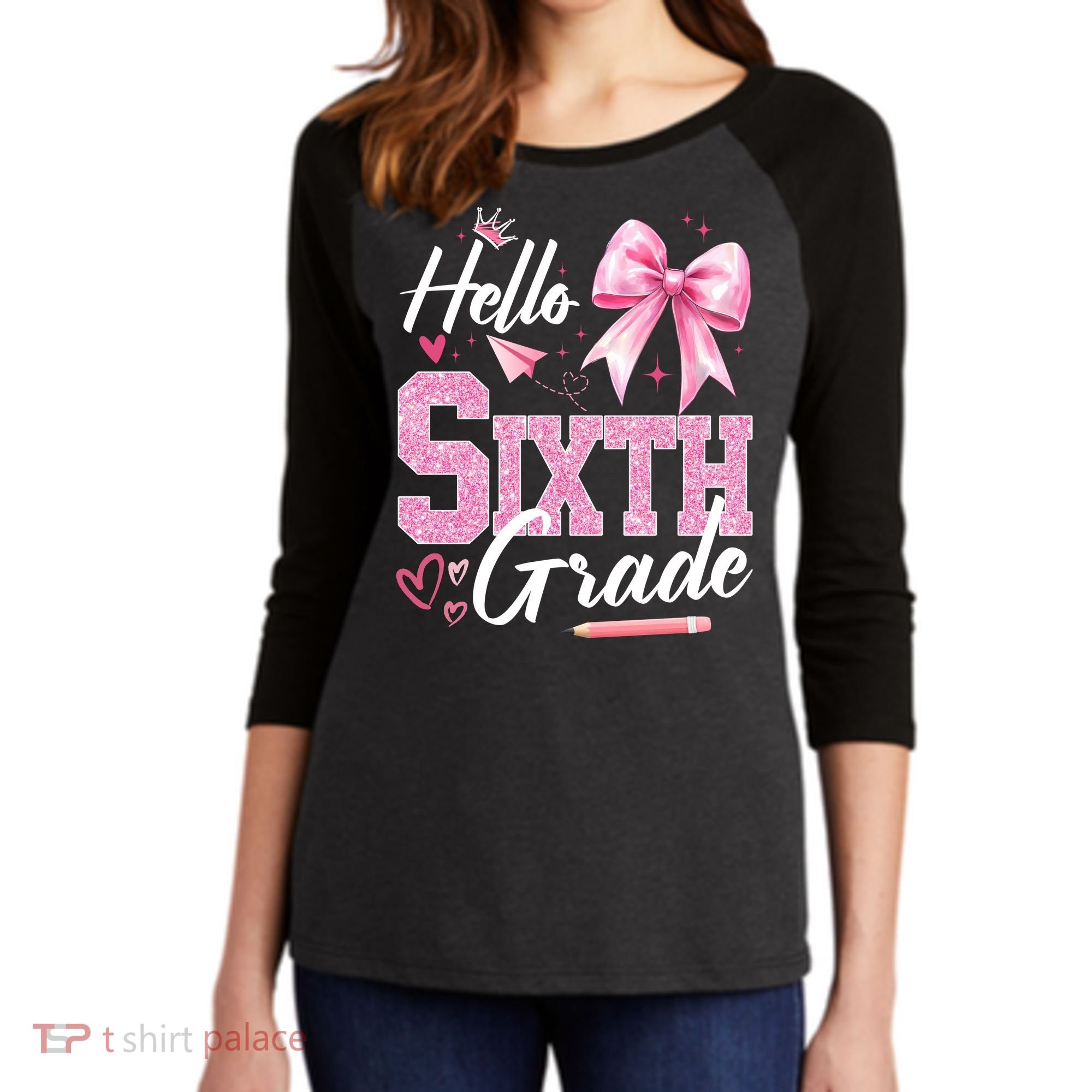 Hello Sixth 6th Grade First Day Of School Coquette Teacher Girl Women's Tri-Blend 3/4-Sleeve Raglan Shirt