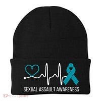 Heartbeat Sexual Assault Awareness Month Teal Ribbon Support Beanie thumb 0