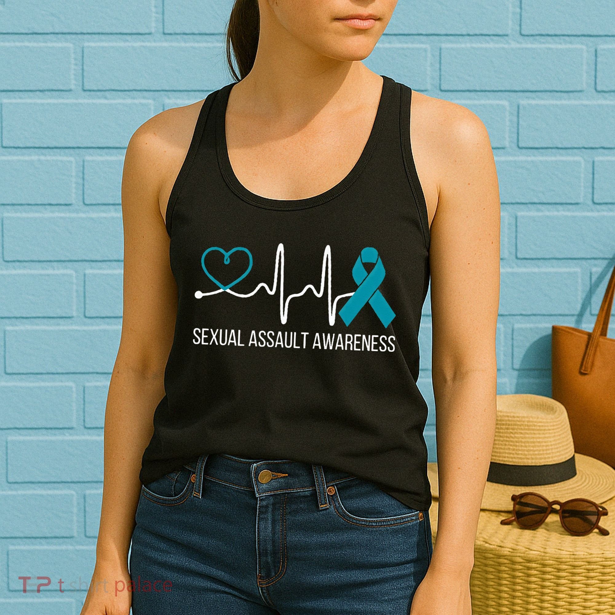 Heartbeat Sexual Assault Awareness Month Teal Ribbon Support Women's Tank Top