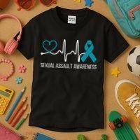 Heartbeat Sexual Assault Awareness Month Teal Ribbon Support Kids T-Shirt thumb 3