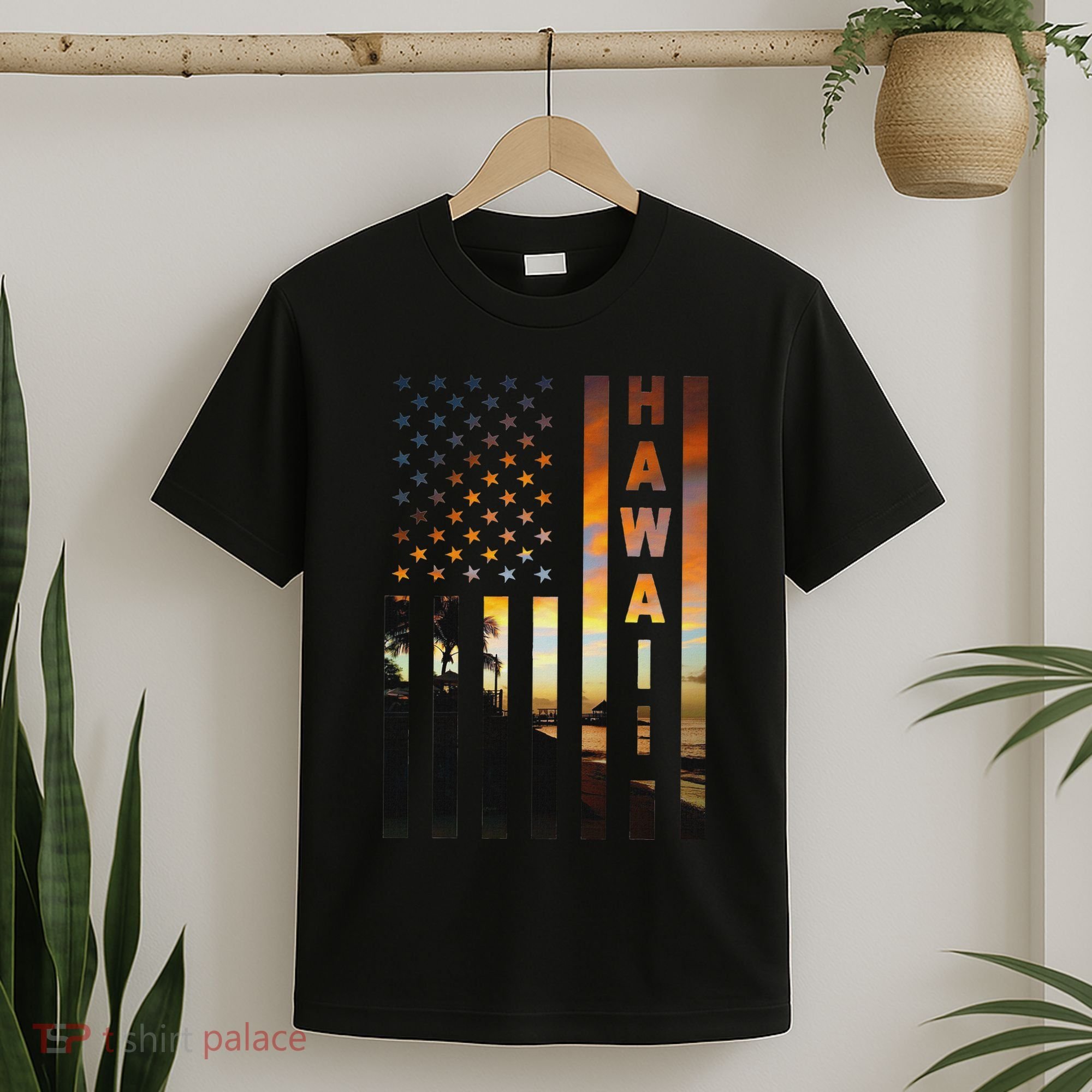 Hawaii Sunset American Flag Honolulu Hawaiian Island T-Shirt
