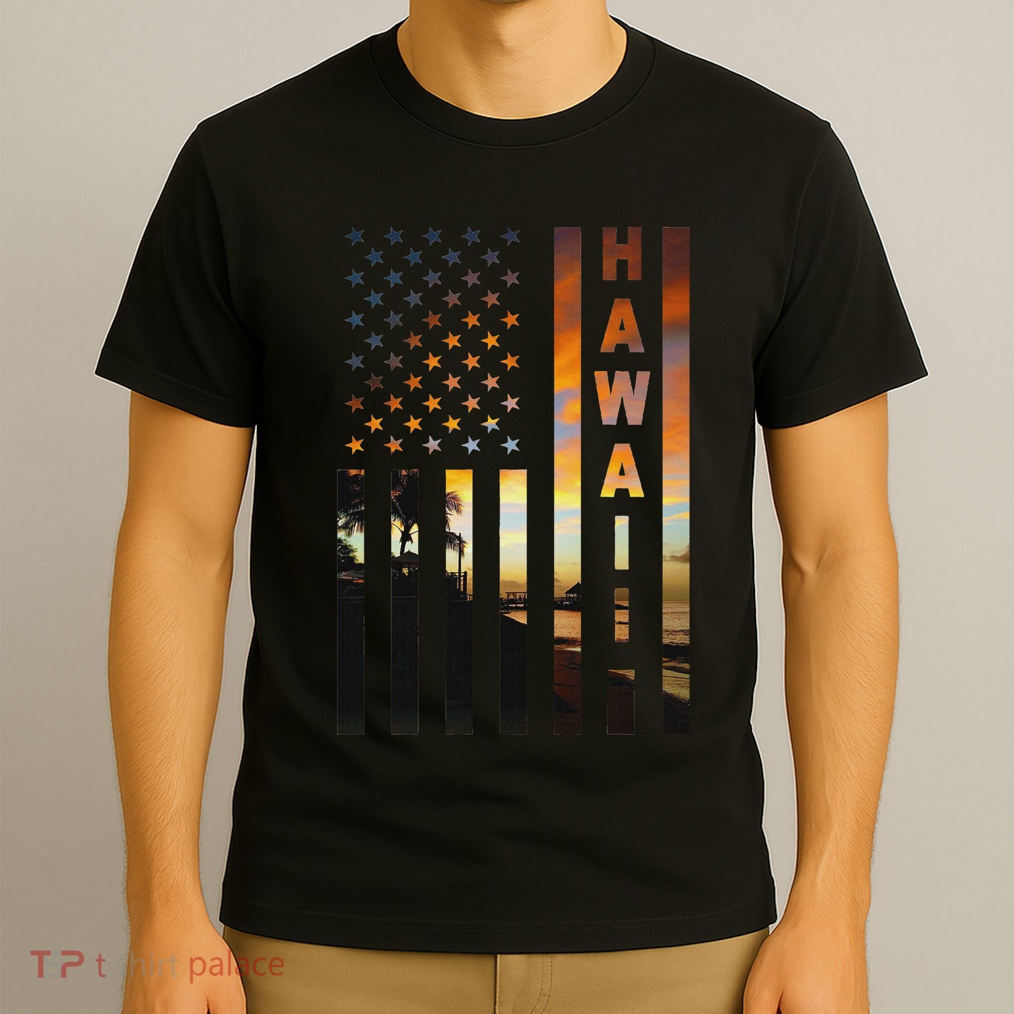 Hawaii Sunset American Flag Honolulu Hawaiian Island T-Shirt