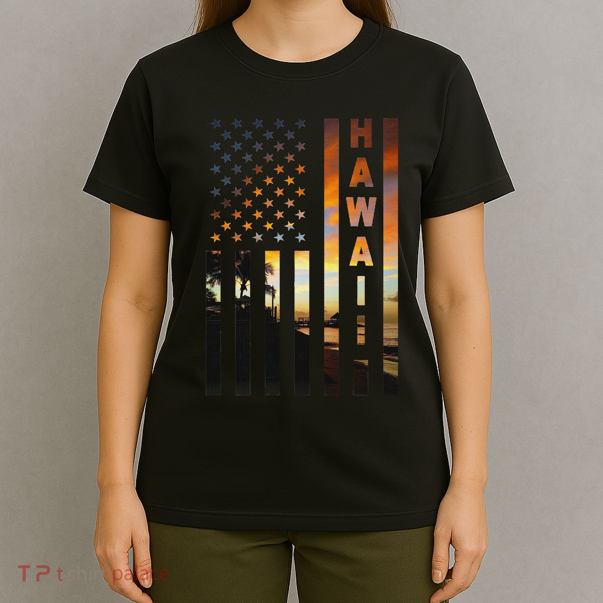 Hawaii Sunset American Flag Honolulu Hawaiian Island T-Shirt