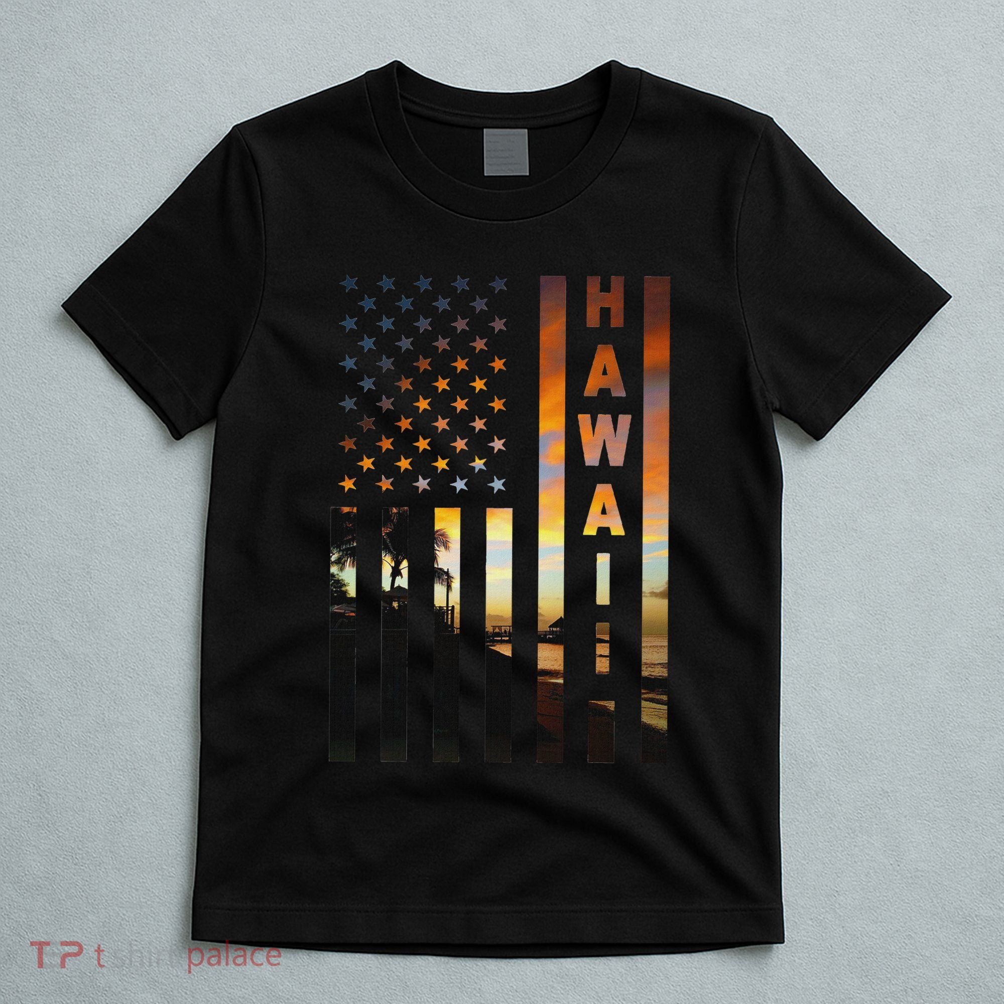 Hawaii Sunset American Flag Honolulu Hawaiian Island T-Shirt