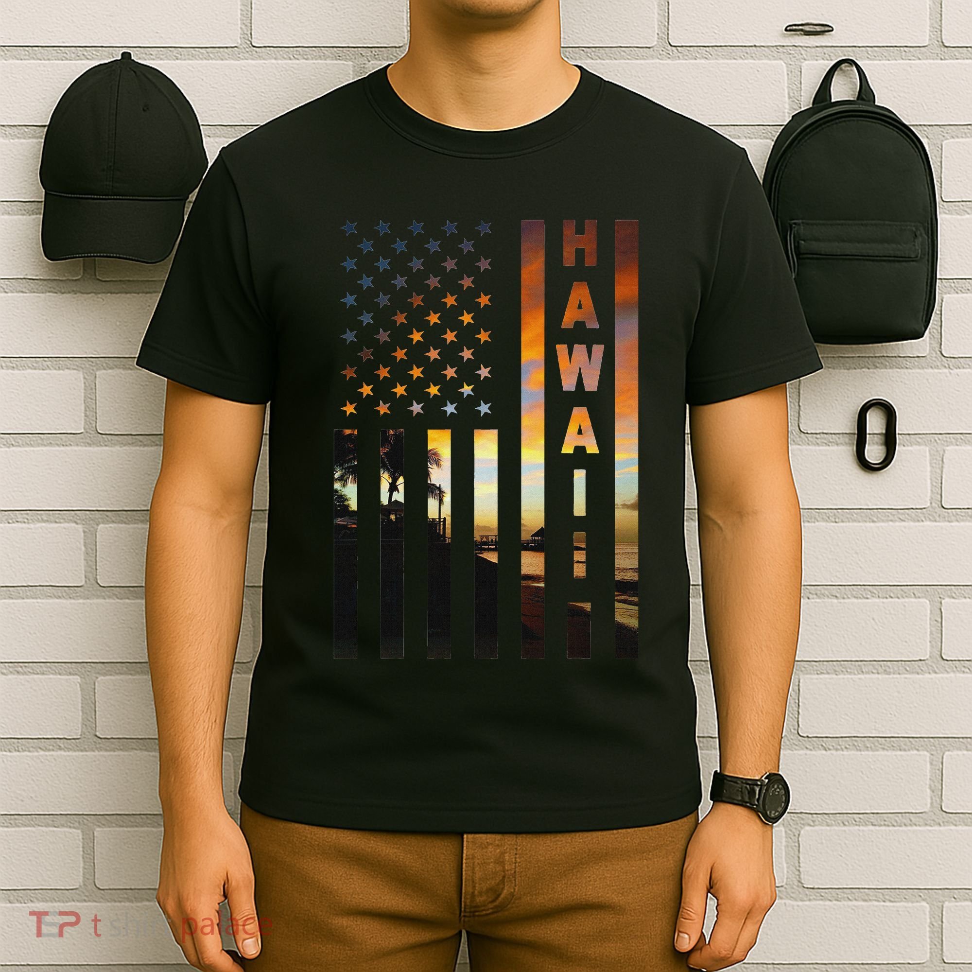 Hawaii Sunset American Flag Honolulu Hawaiian Island T-Shirt