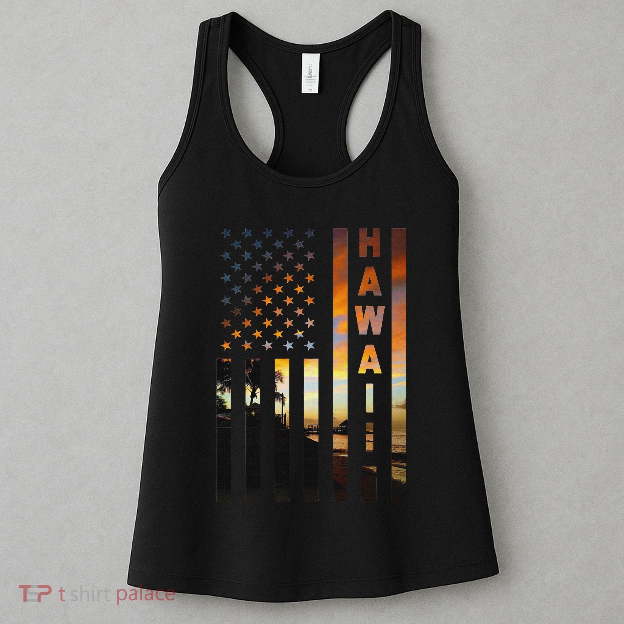 Hawaii Sunset American Flag Honolulu Hawaiian Island Women's Tank Top