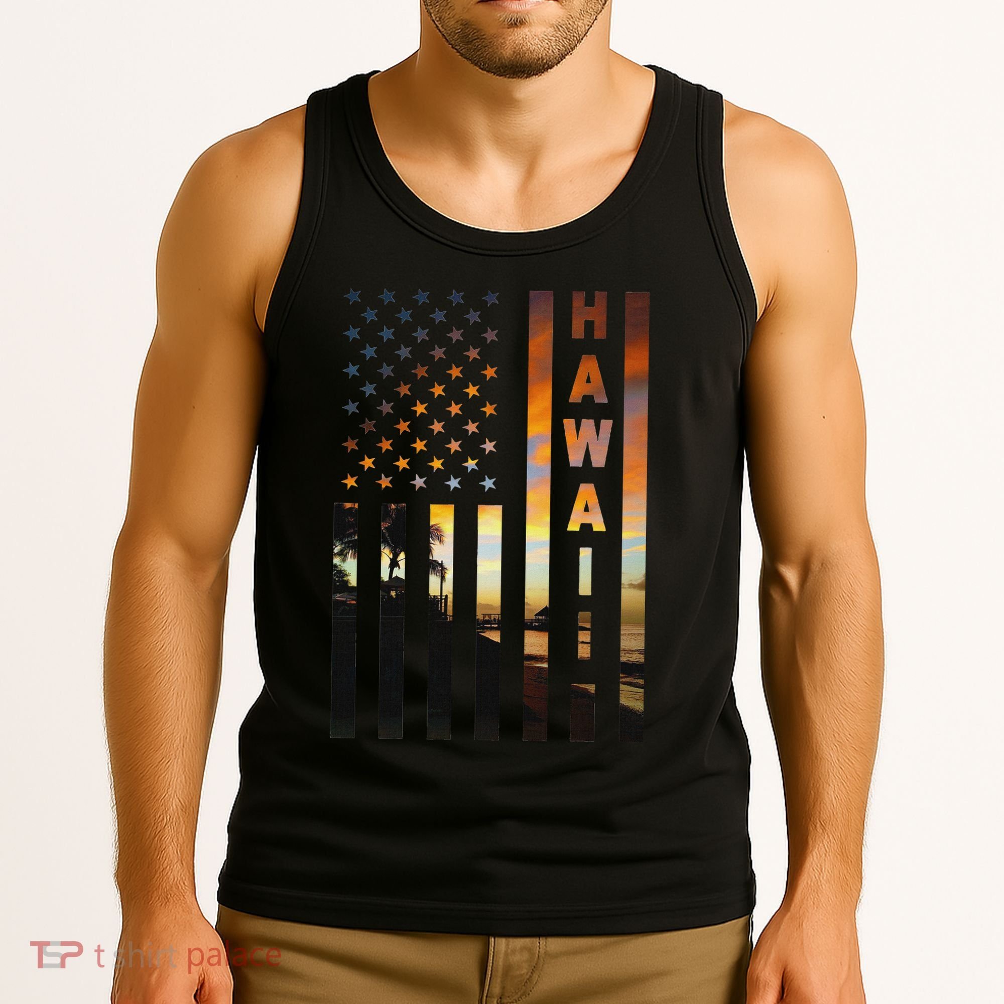 Hawaii Sunset American Flag Honolulu Hawaiian Island Tank Top