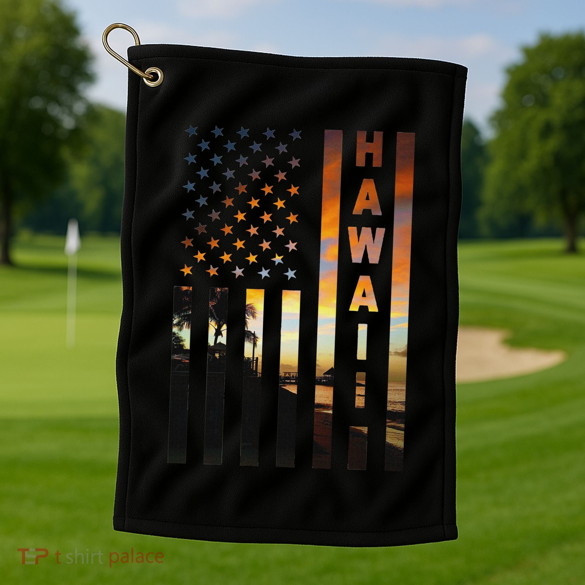 Hawaii Sunset American Flag Honolulu Hawaiian Island Golf Towel