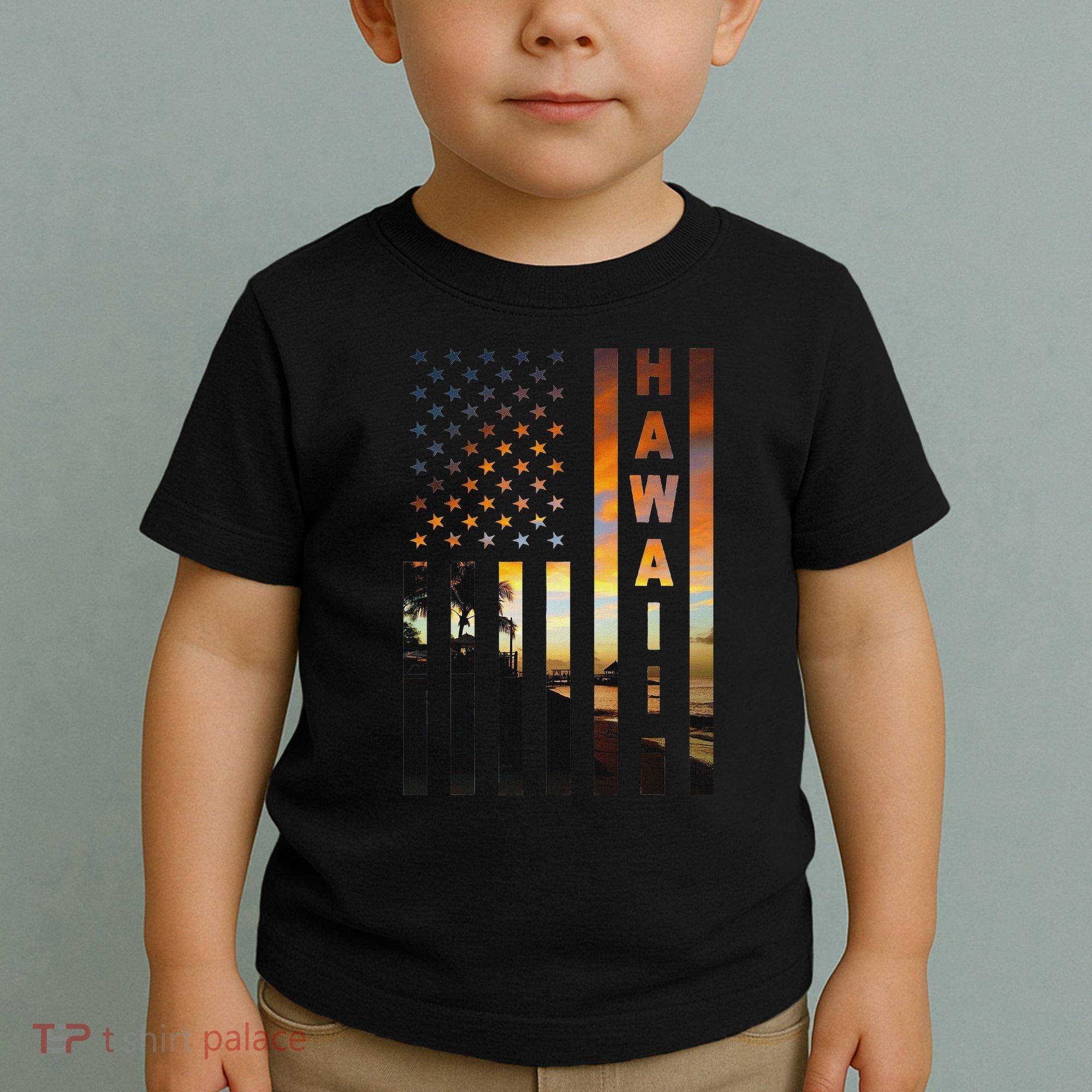 Hawaii Sunset American Flag Honolulu Hawaiian Island Toddler T-Shirt